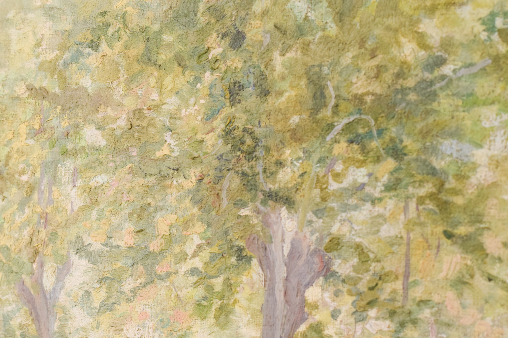 A painting of trees in a grassy field with a house in the background.