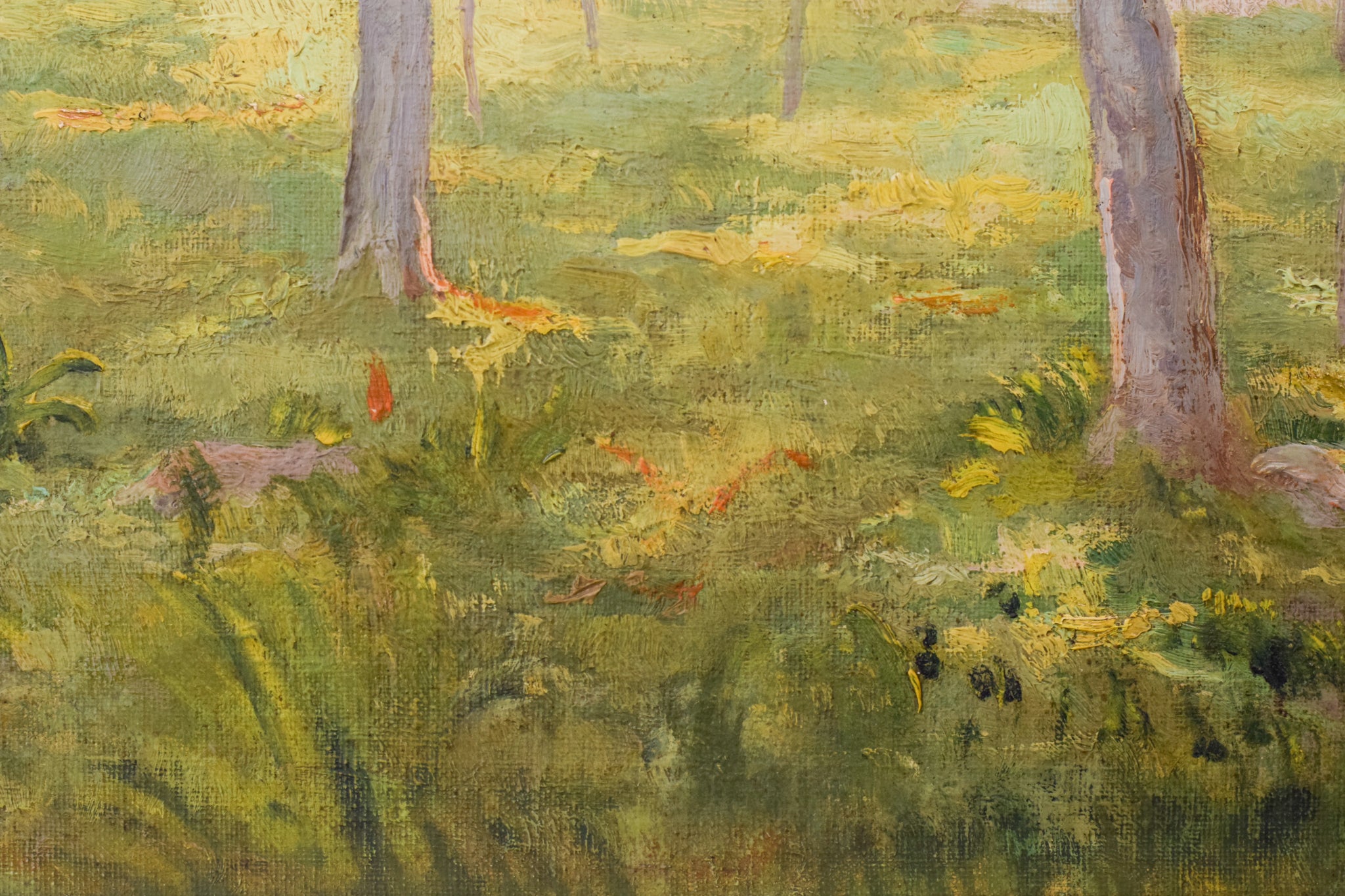 A painting of trees in a grassy field with a house in the background.