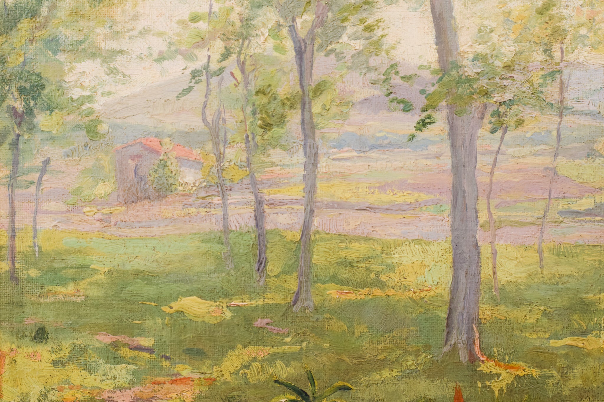 A painting of trees in a grassy field with a house in the background.