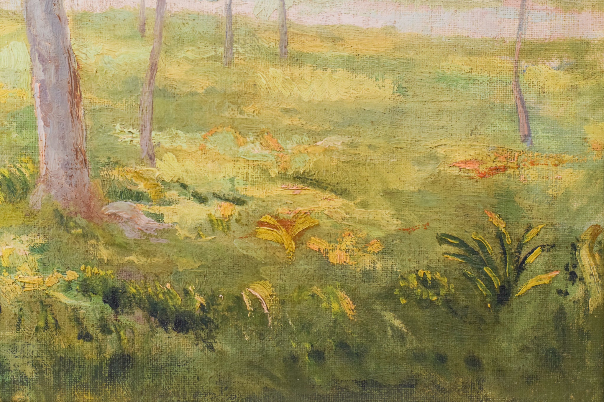 A painting of trees in a grassy field with a house in the background.