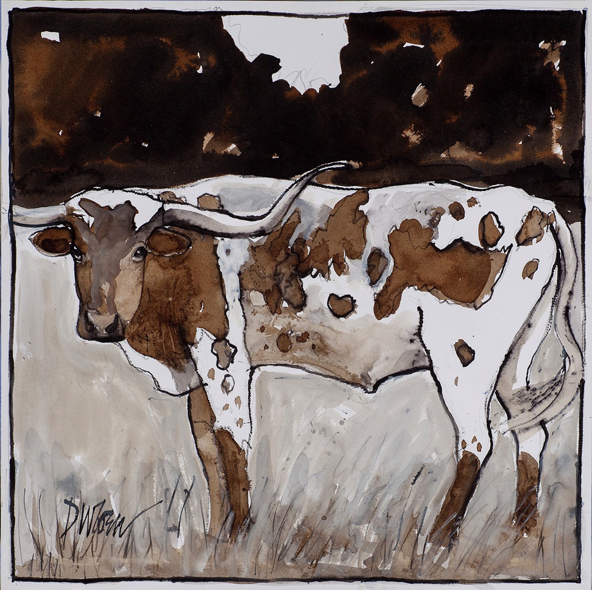 A painting of a longhorn bull standing in a field.