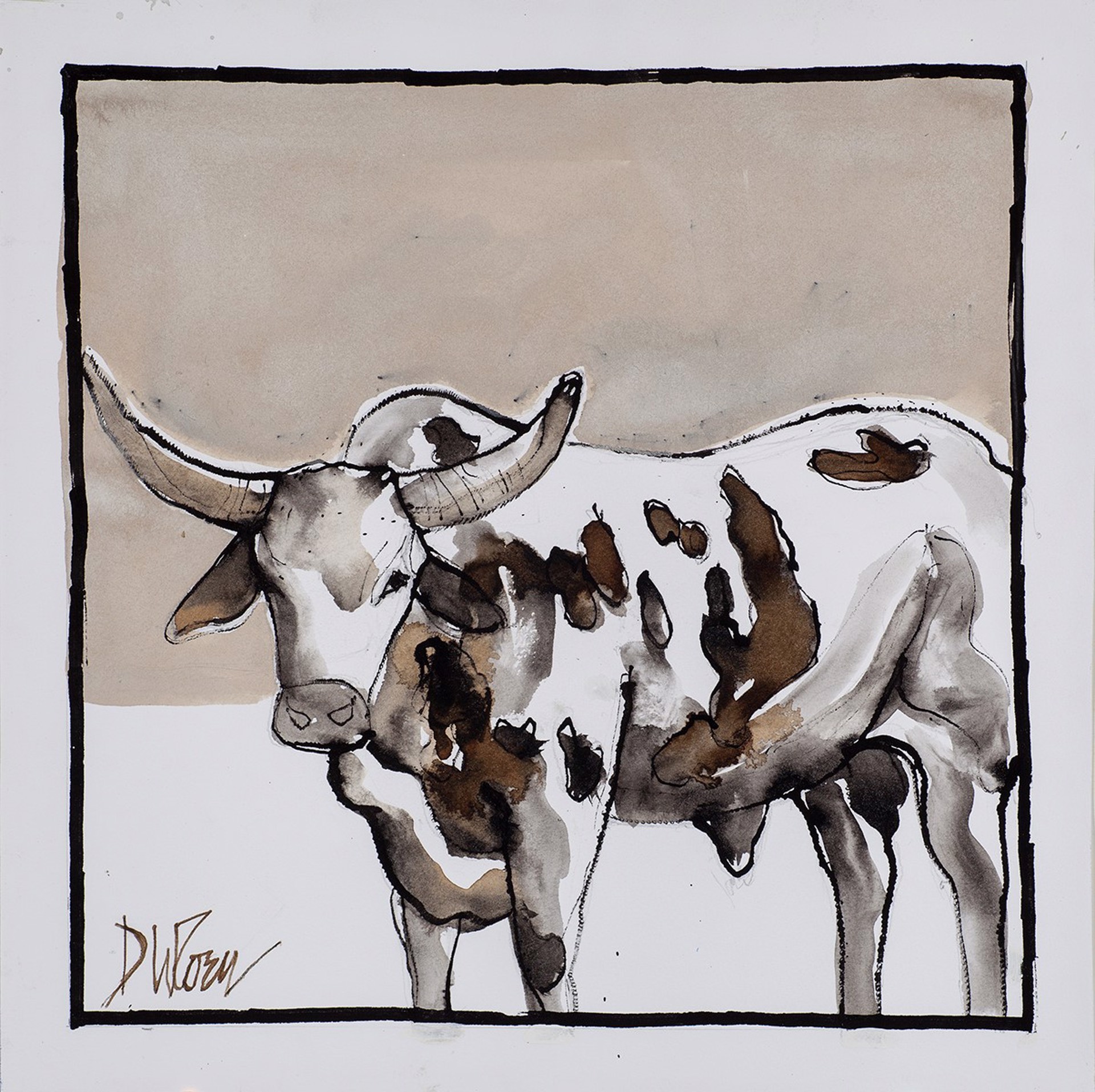 A painting of a cow with long horns standing in a field.