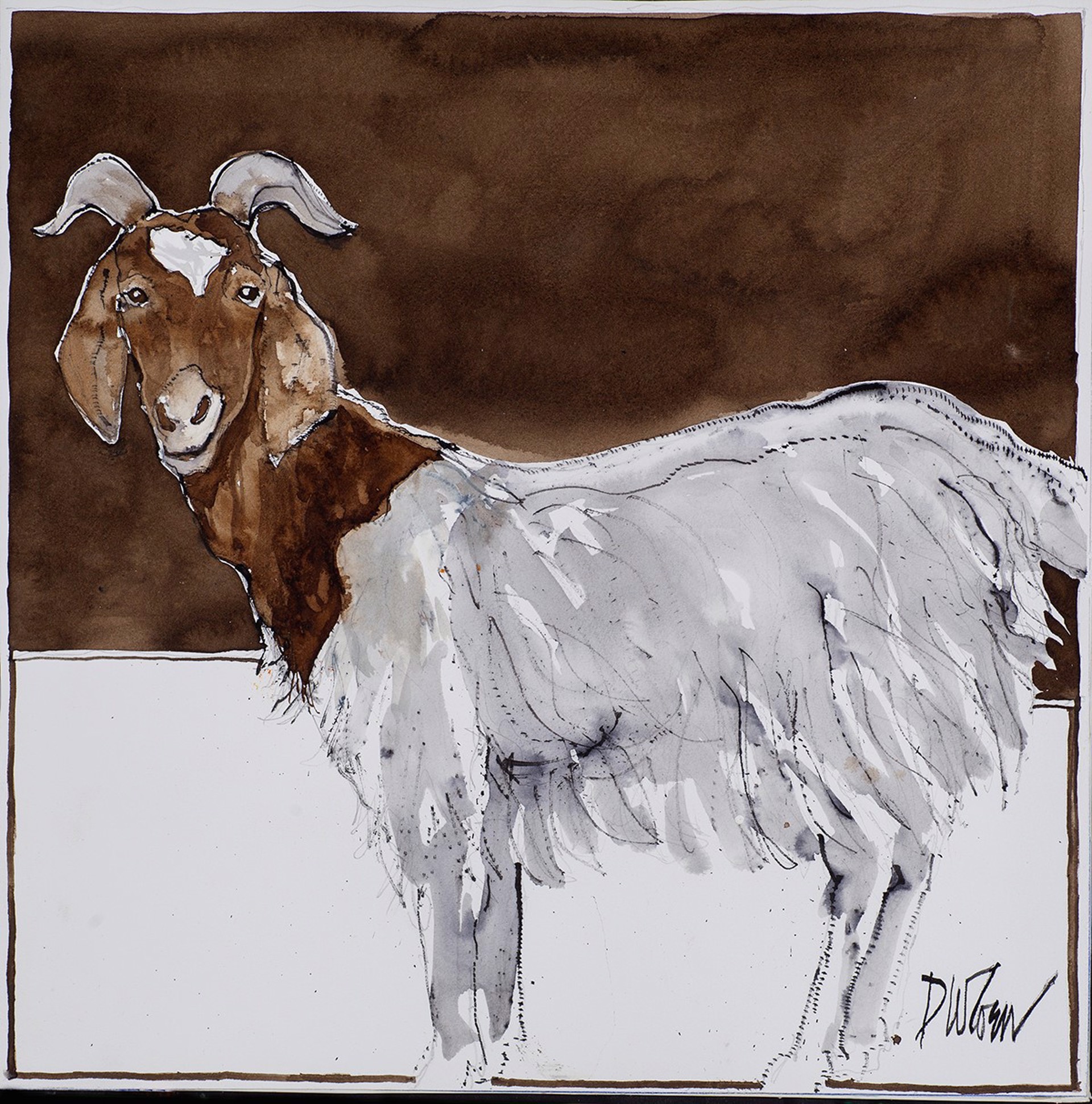 A watercolor painting of a goat standing in a field.