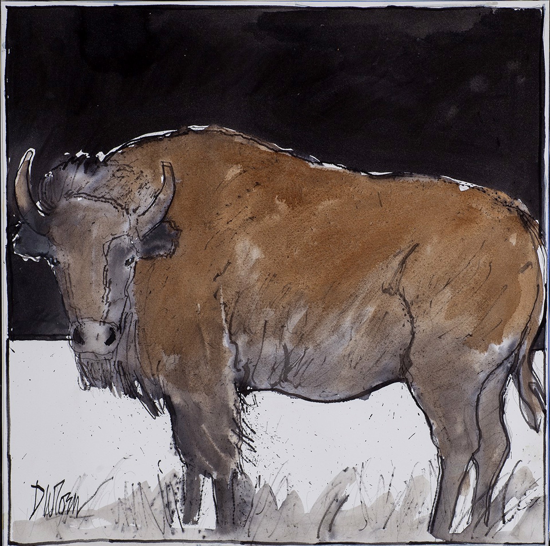 A watercolor painting of a bison standing in the snow.