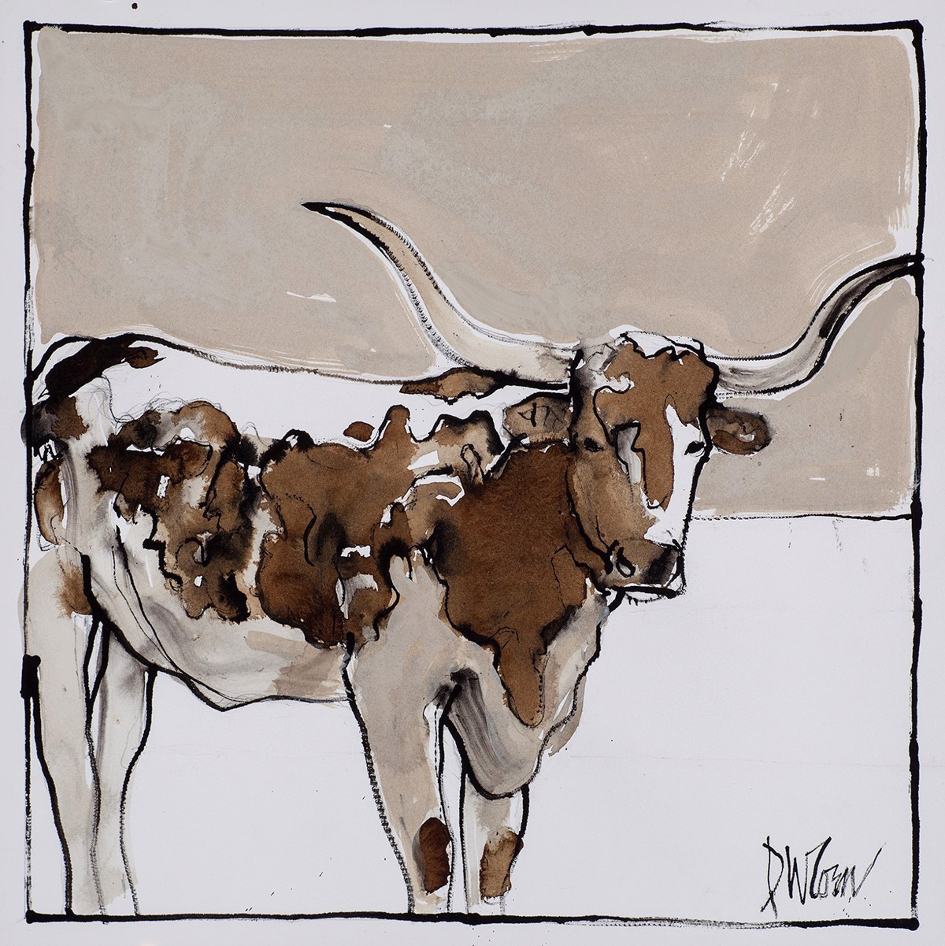 A painting of a longhorn bull with long horns standing in a field.
