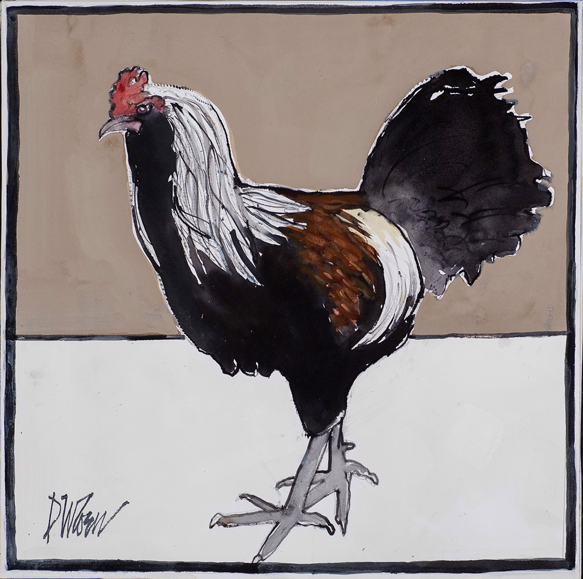 A stylized ink drawing of a rooster with bold black and white plumage against a two-tone background.