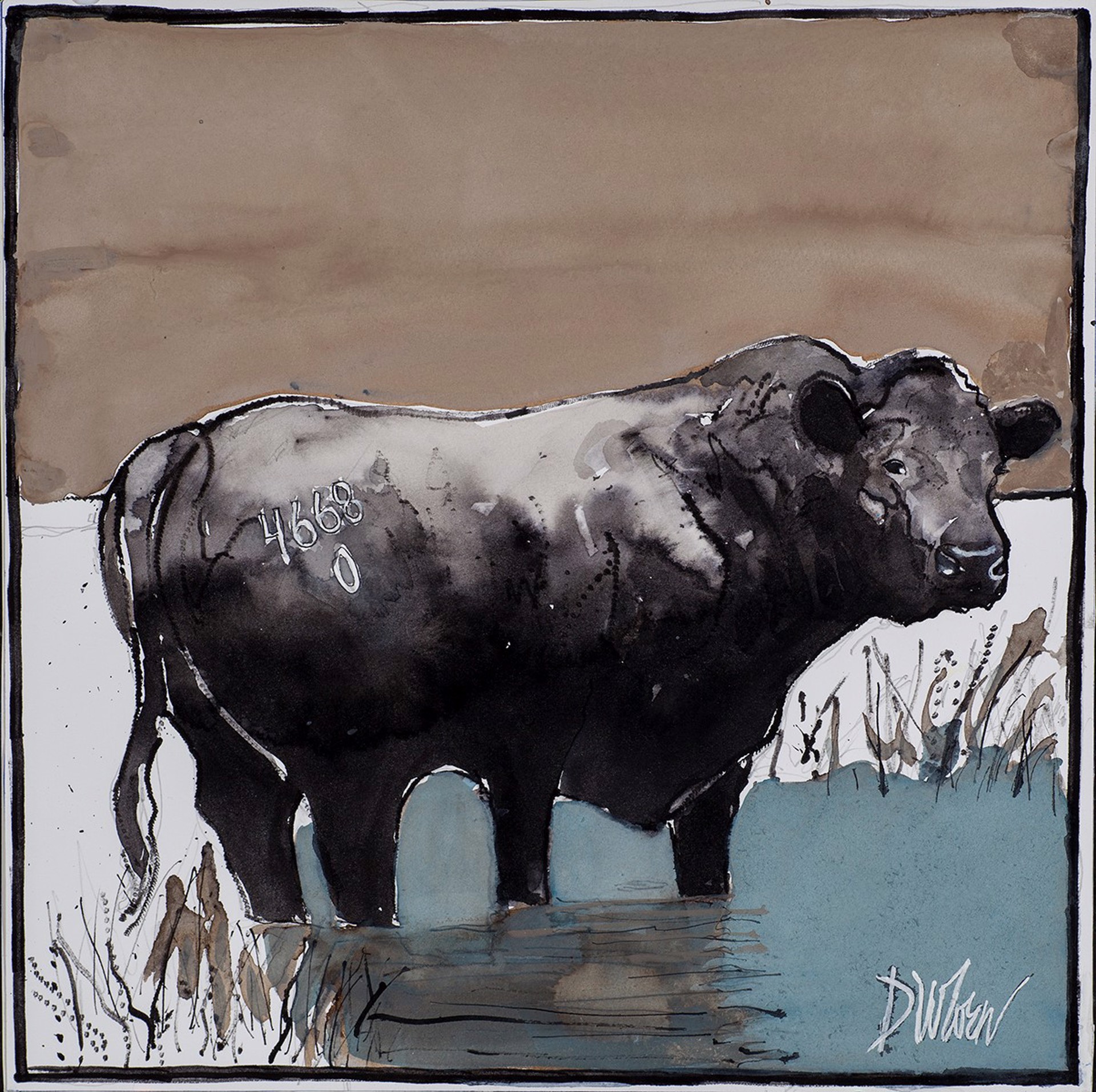 A black bull stands in a water-filled field, its dark form contrasting with the muted earth tones of the background.