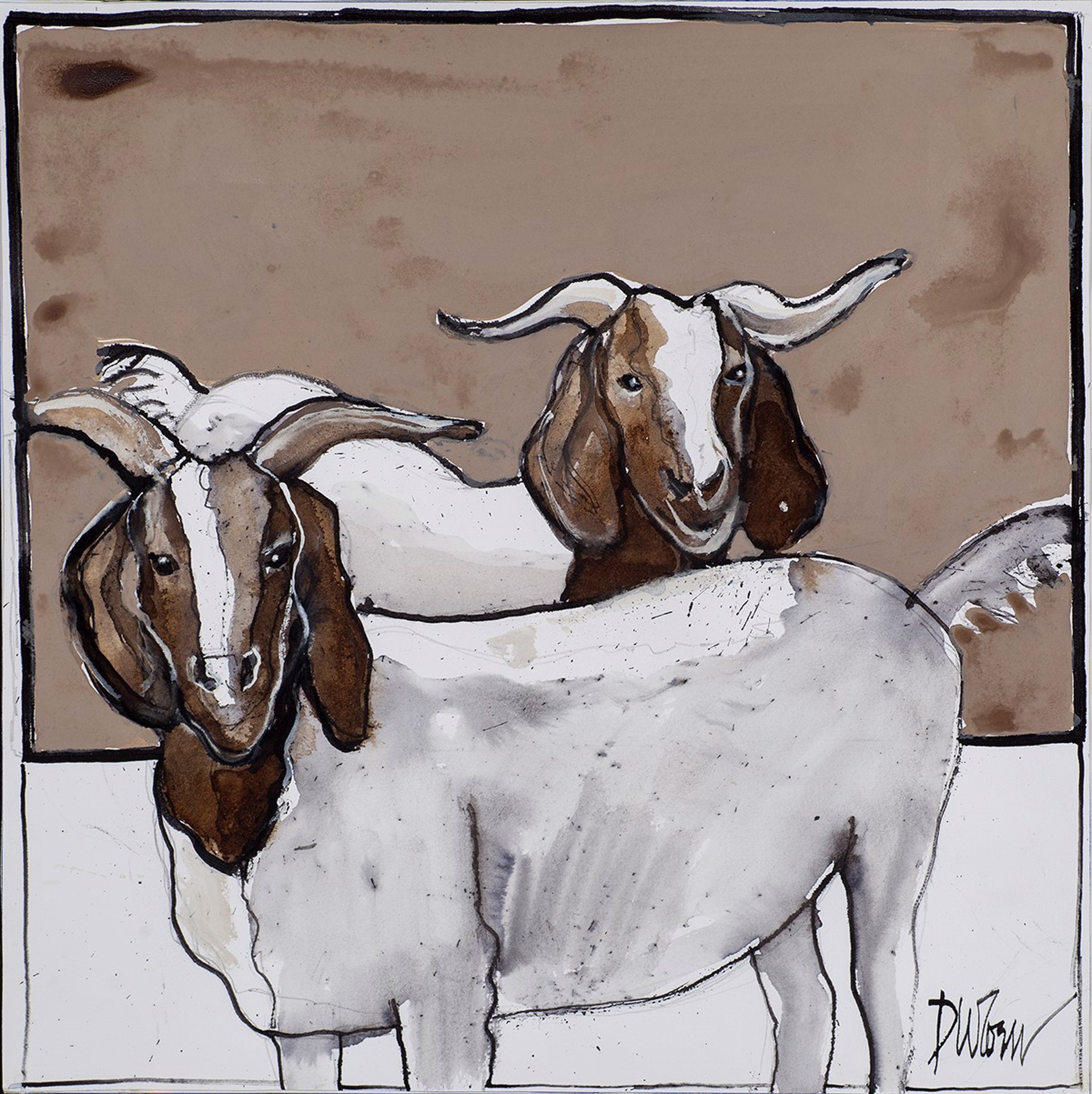 A painting of two goats standing next to each other.