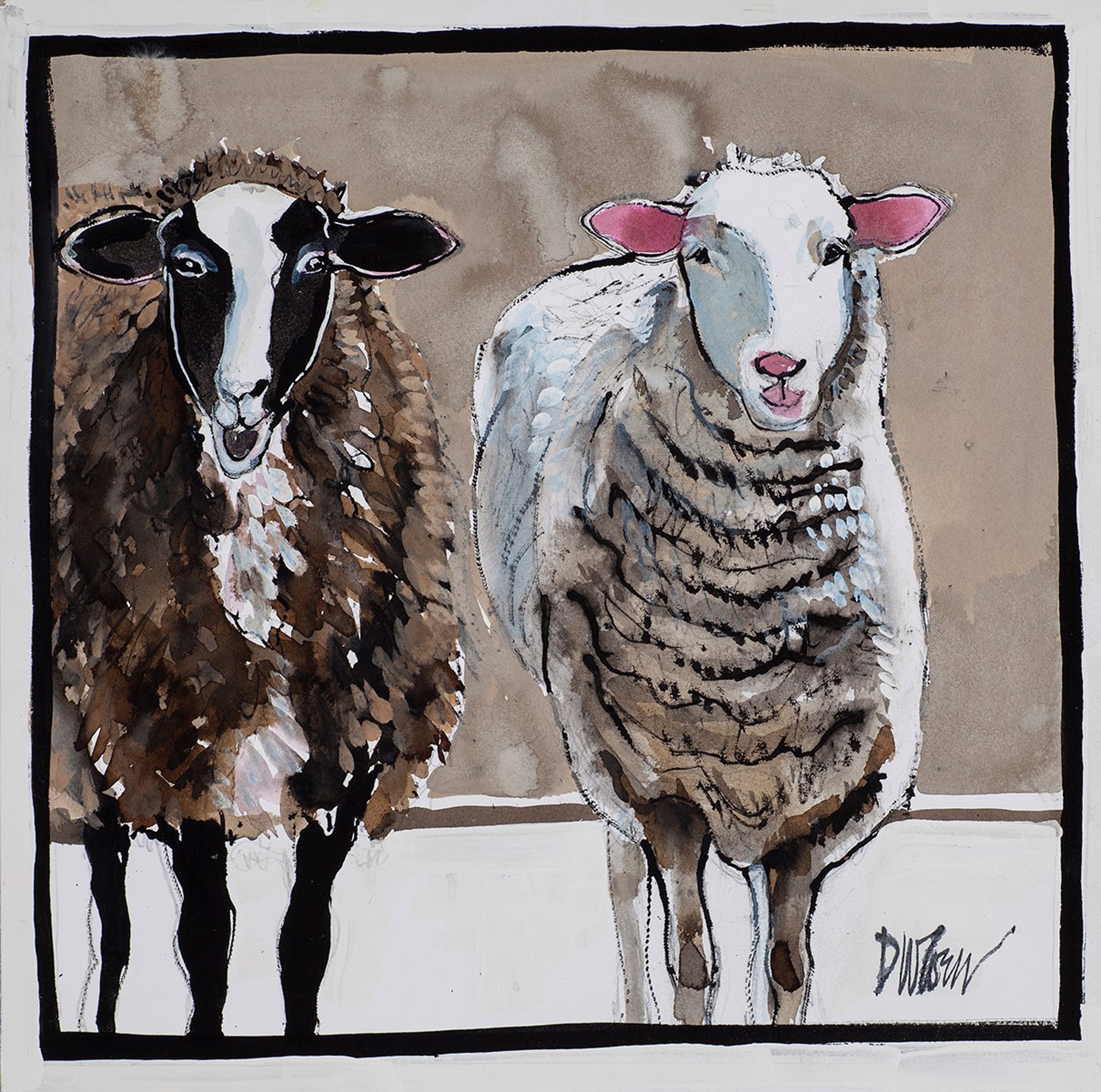 A painting of two sheep standing next to each other.