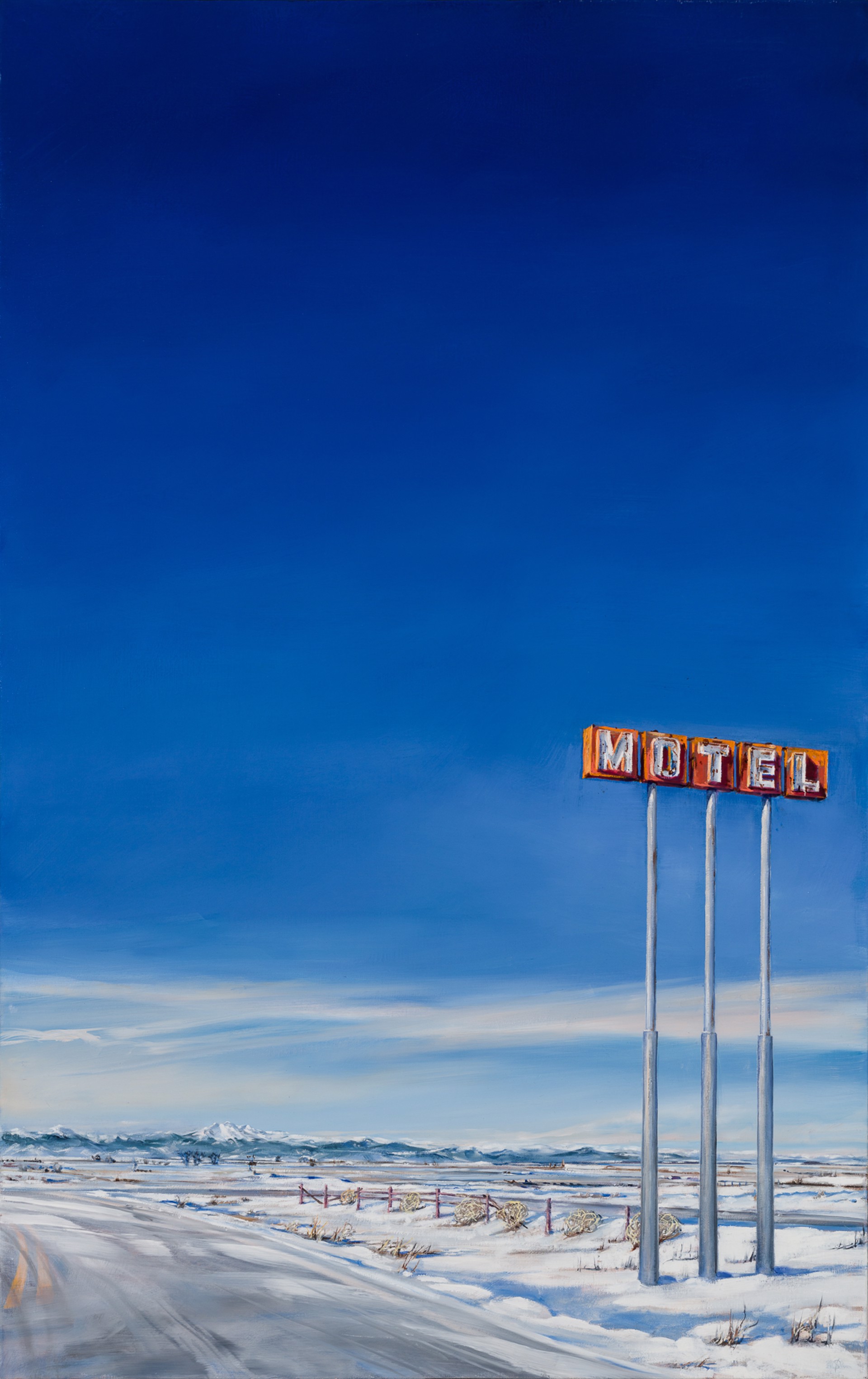 A painting of a motel sign on the side of a road.