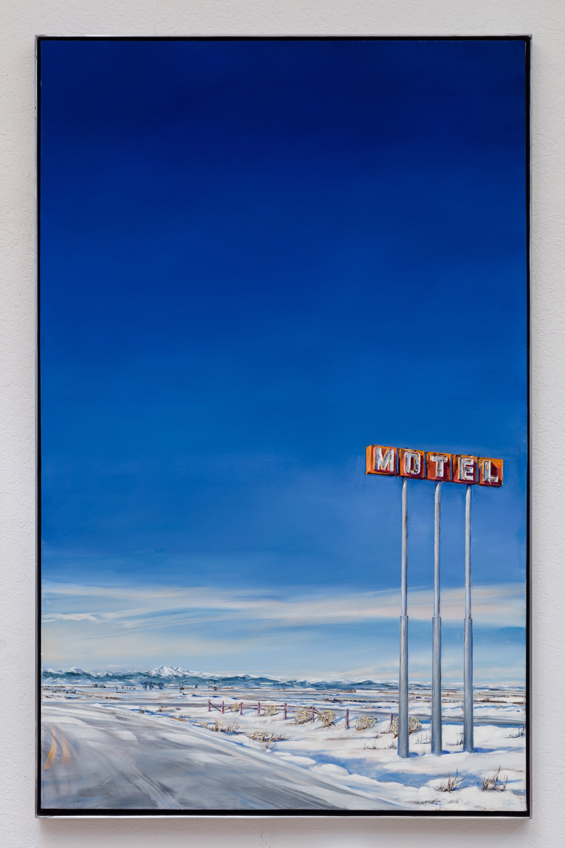 A painting of a motel sign on the side of a road.