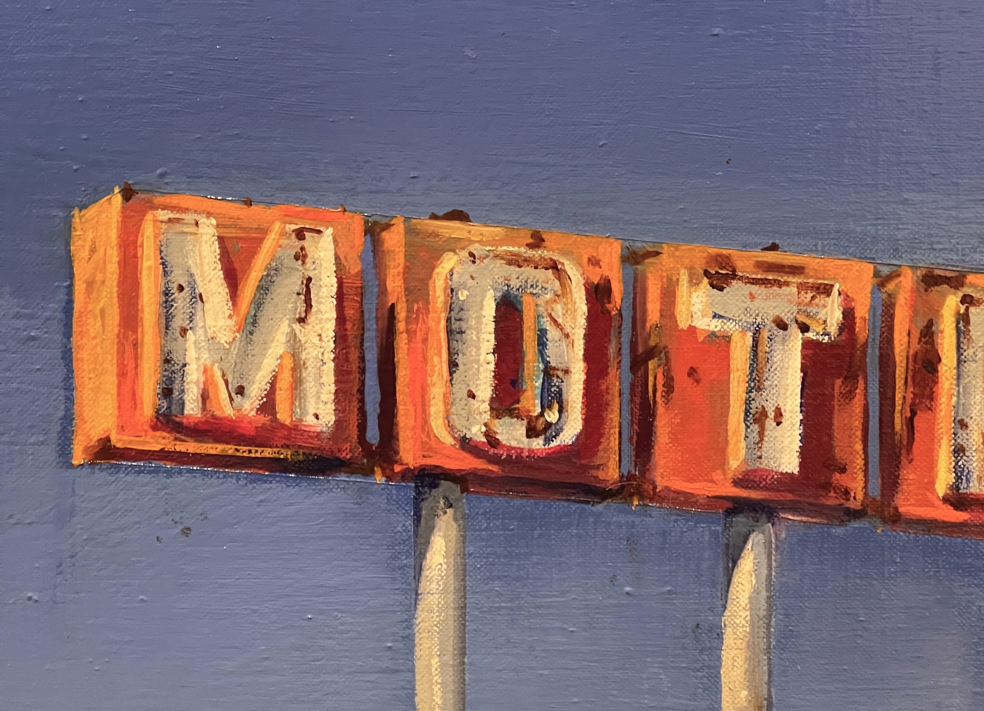 A painting of a motel sign on the side of a road.