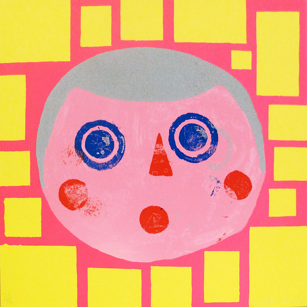 A pink and yellow painting of a face on a yellow background.