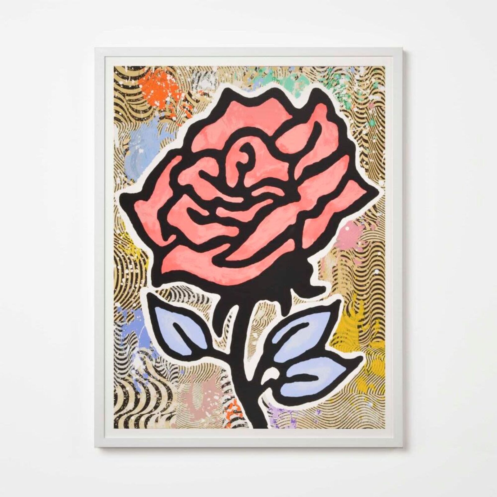 A painting of a pink rose on a white wall.