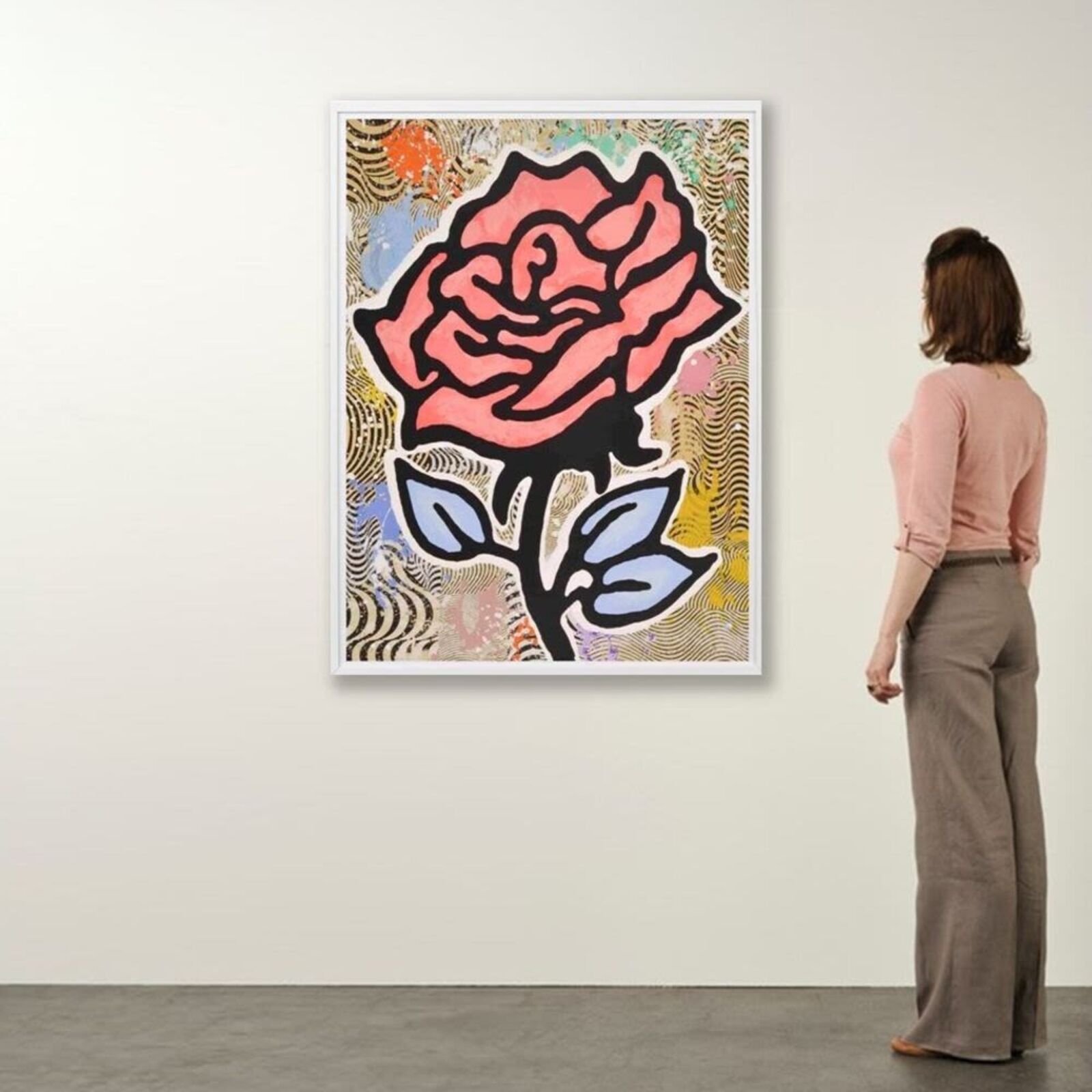 A painting of a pink rose on a white wall.