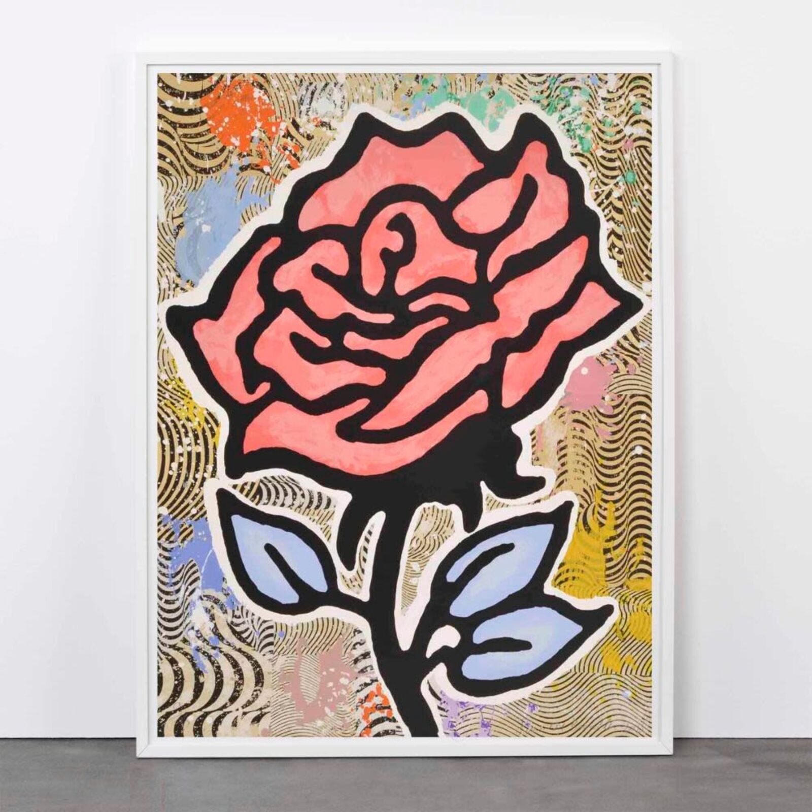 A painting of a pink rose on a white wall.