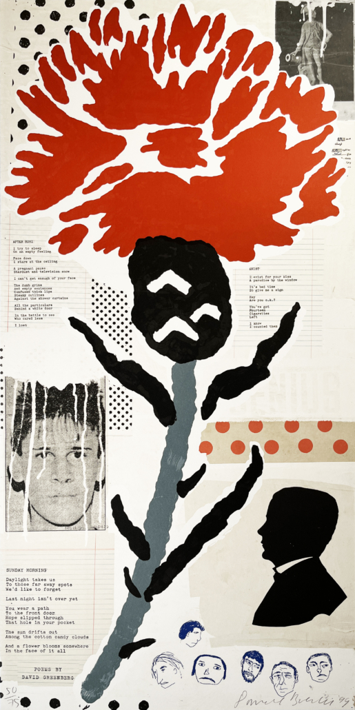 A collage of a red flower on a piece of paper.