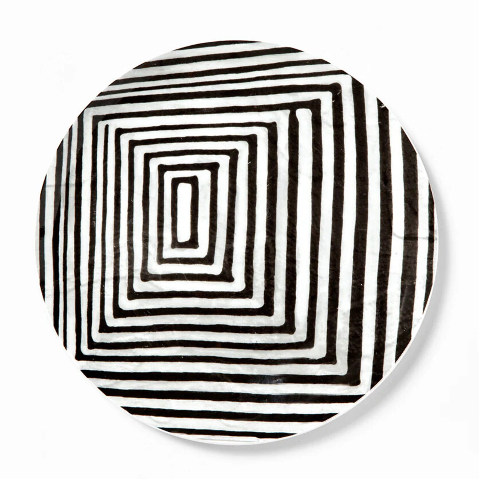 A black and white plate with a spiral design.