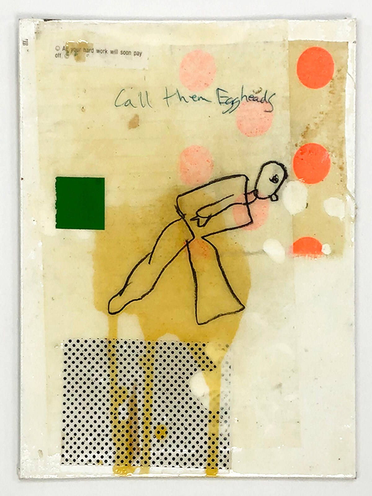 Artwork by Donald Baechler, Call Them Eggheads & One Man Juggernaut (Unique Collages), Made of Pencil, Ball Point Pen, Acrylic Paint, Industrial Varnish, And Paper Collage On Canvas Board 