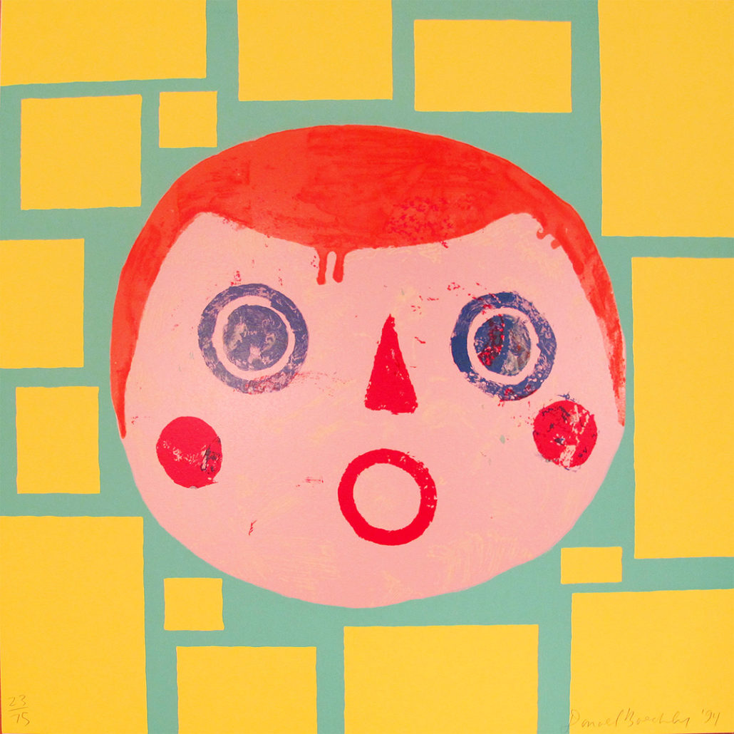 A painting of a face on a yellow background.