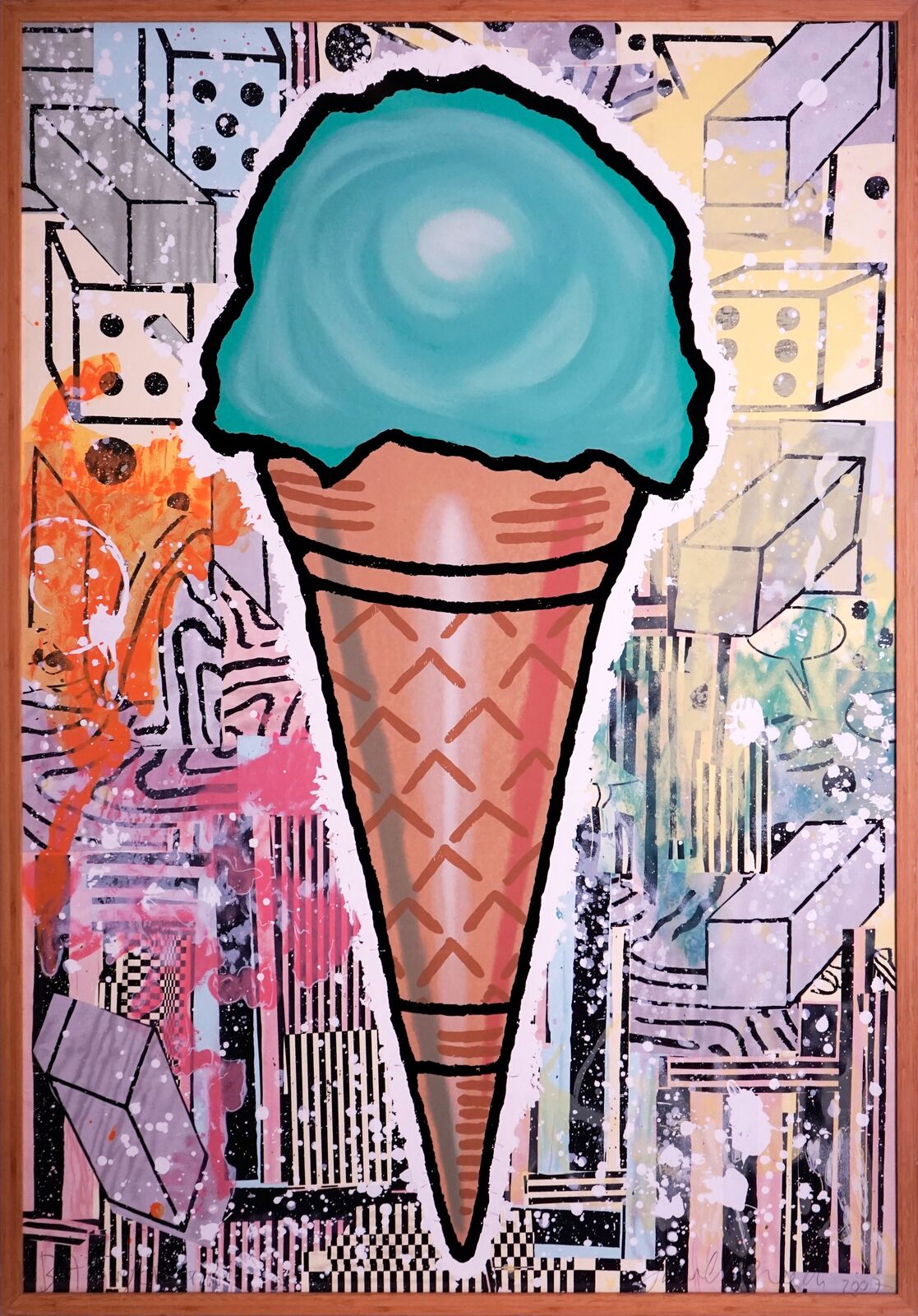 A painting of an ice cream cone on a wall.