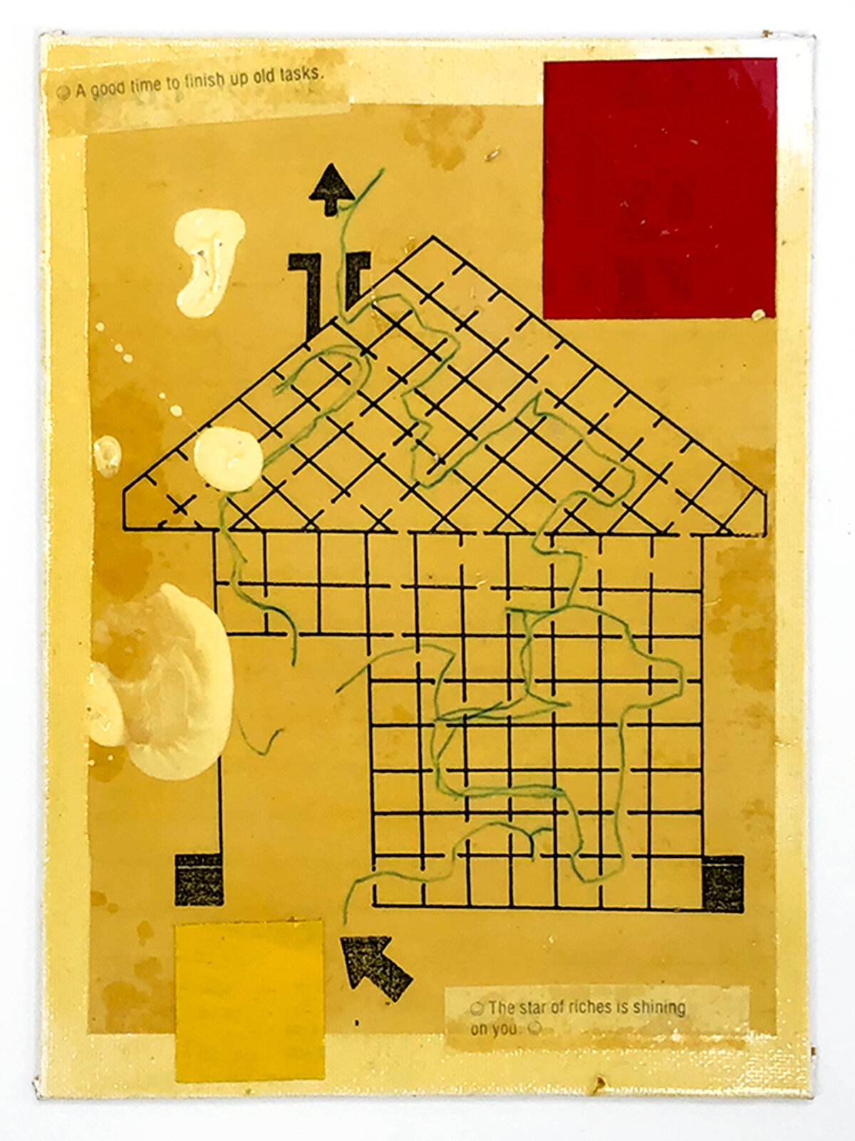 Artwork by Donald Baechler, House & Hummingbird (Unique Collages), Made of Ball Point Pen, Acrylic Paint, Industrial Varnish, And Paper Collage On Canvas Board 