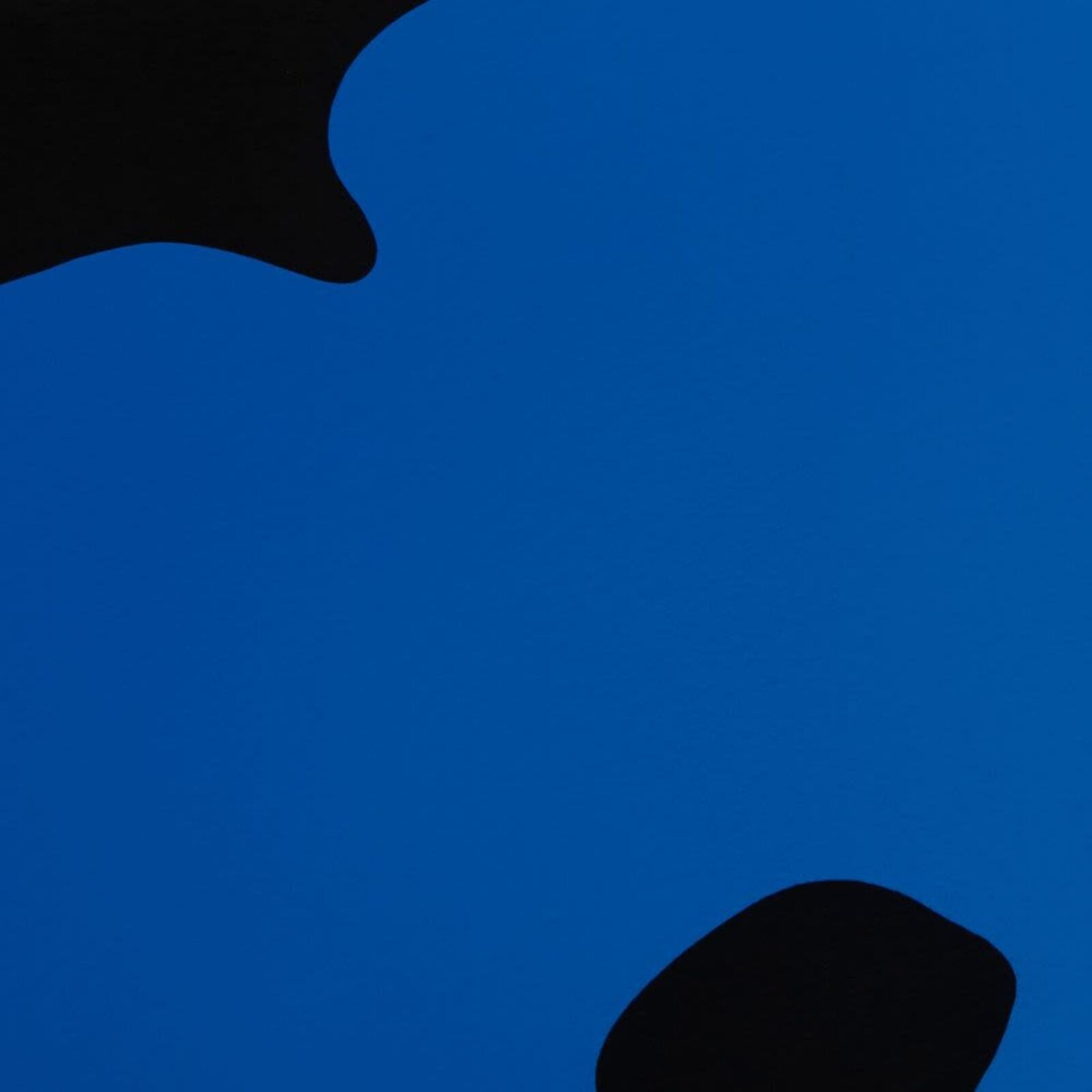 A blue and black painting on a white wall.