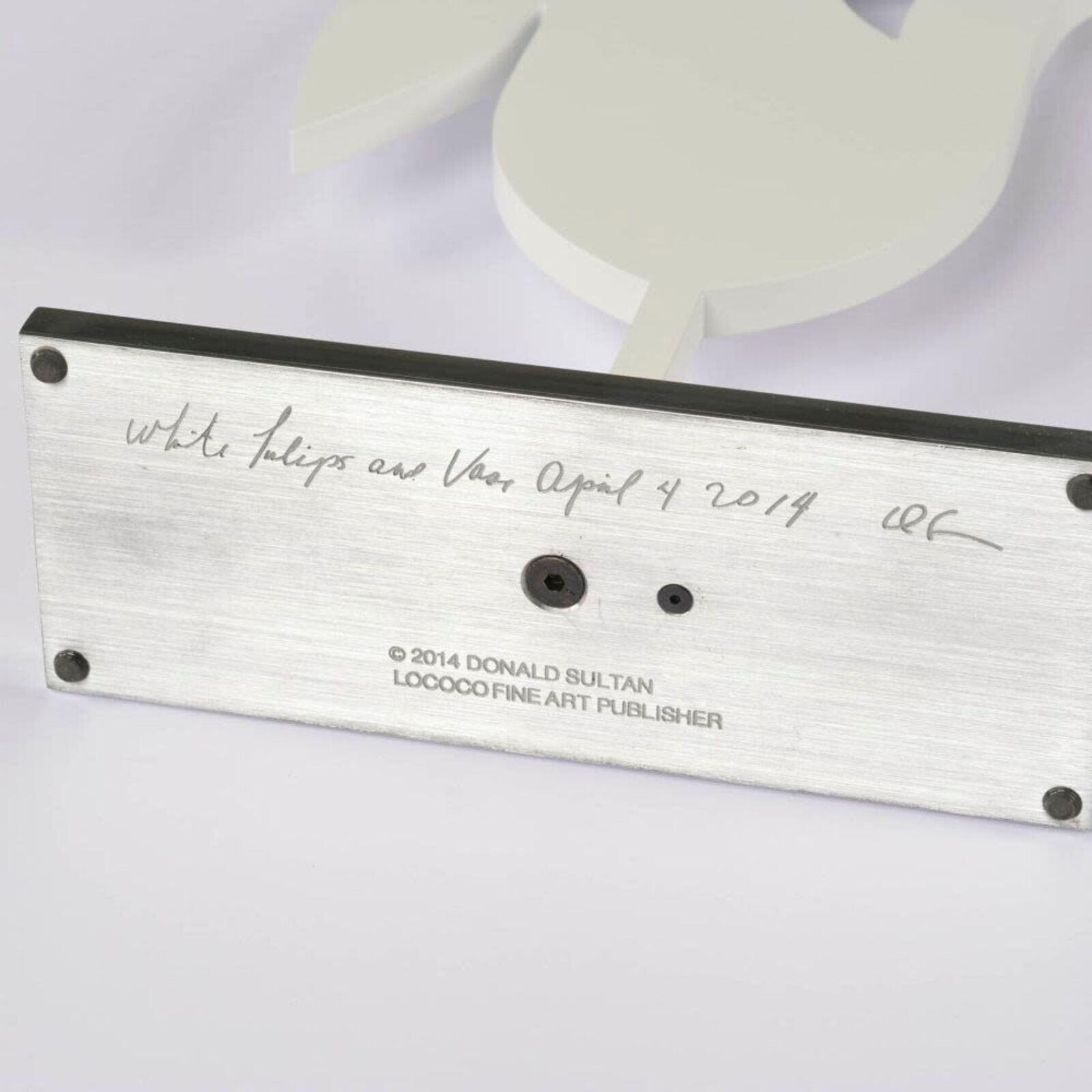 Artwork by Donald Sultan, White Tulips and Vase, April 4, 2014, Made of Painted aluminum on polished aluminum base 