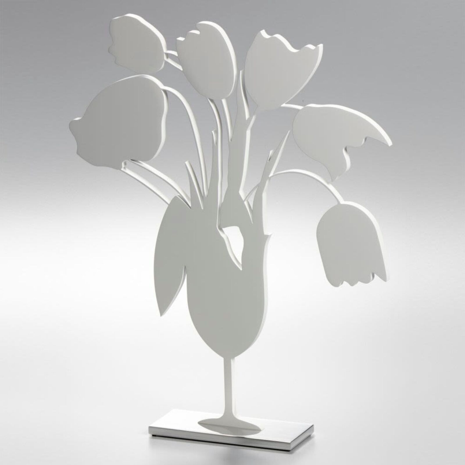 Artwork by Donald Sultan, White Tulips and Vase, April 4, 2014, Made of Painted aluminum on polished aluminum base 
