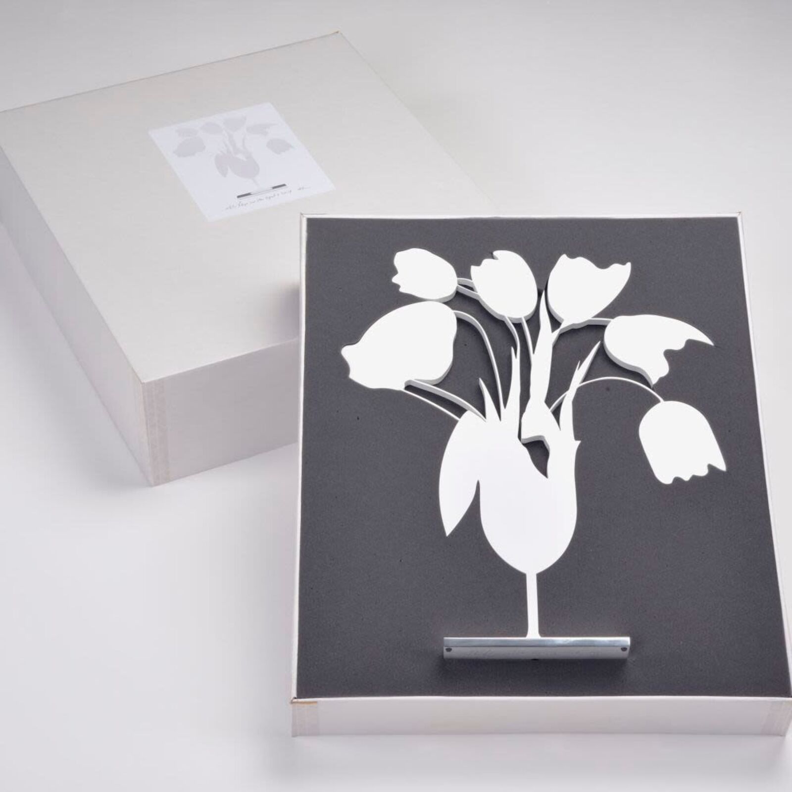 Artwork by Donald Sultan, White Tulips and Vase, April 4, 2014, Made of Painted aluminum on polished aluminum base 