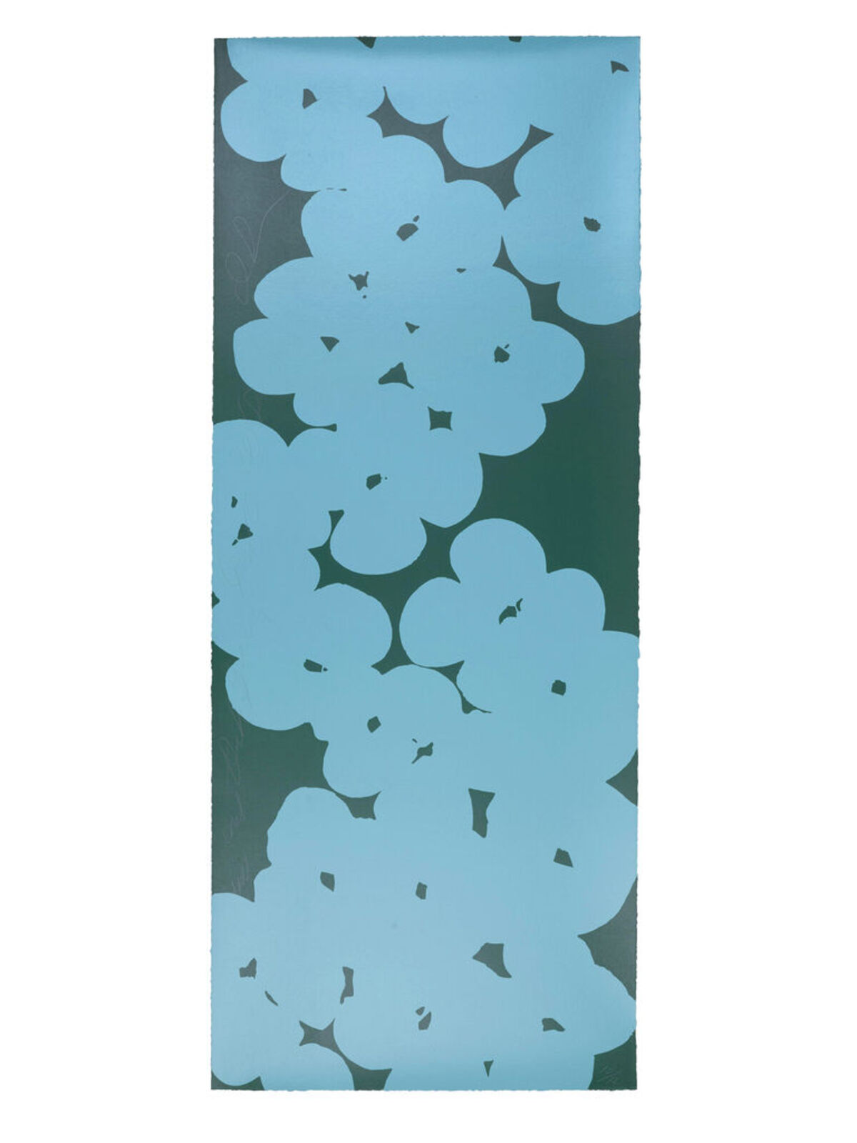A blue and green painting of flowers on a white background.