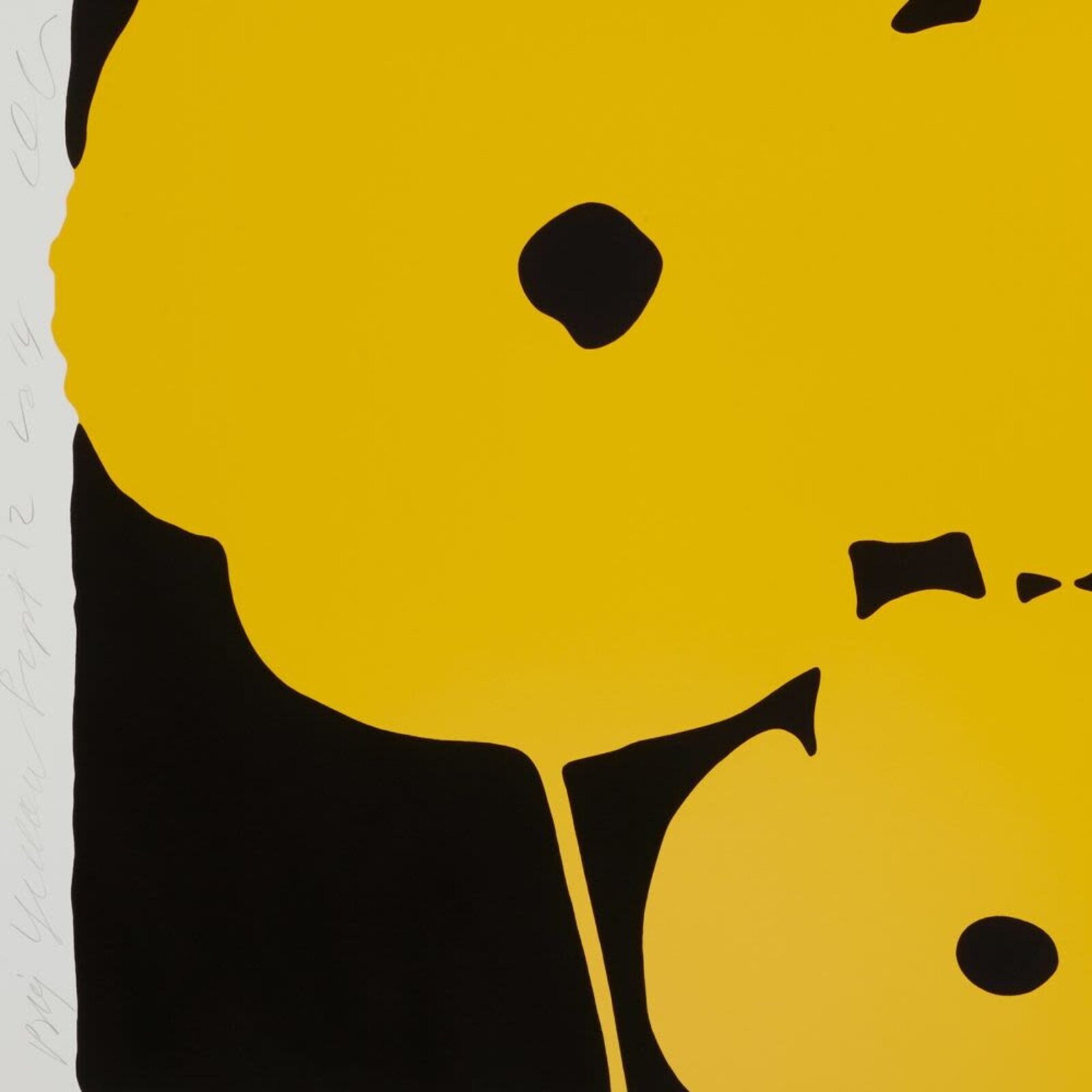 A bold graphic print featuring a large yellow flower against a black background.
