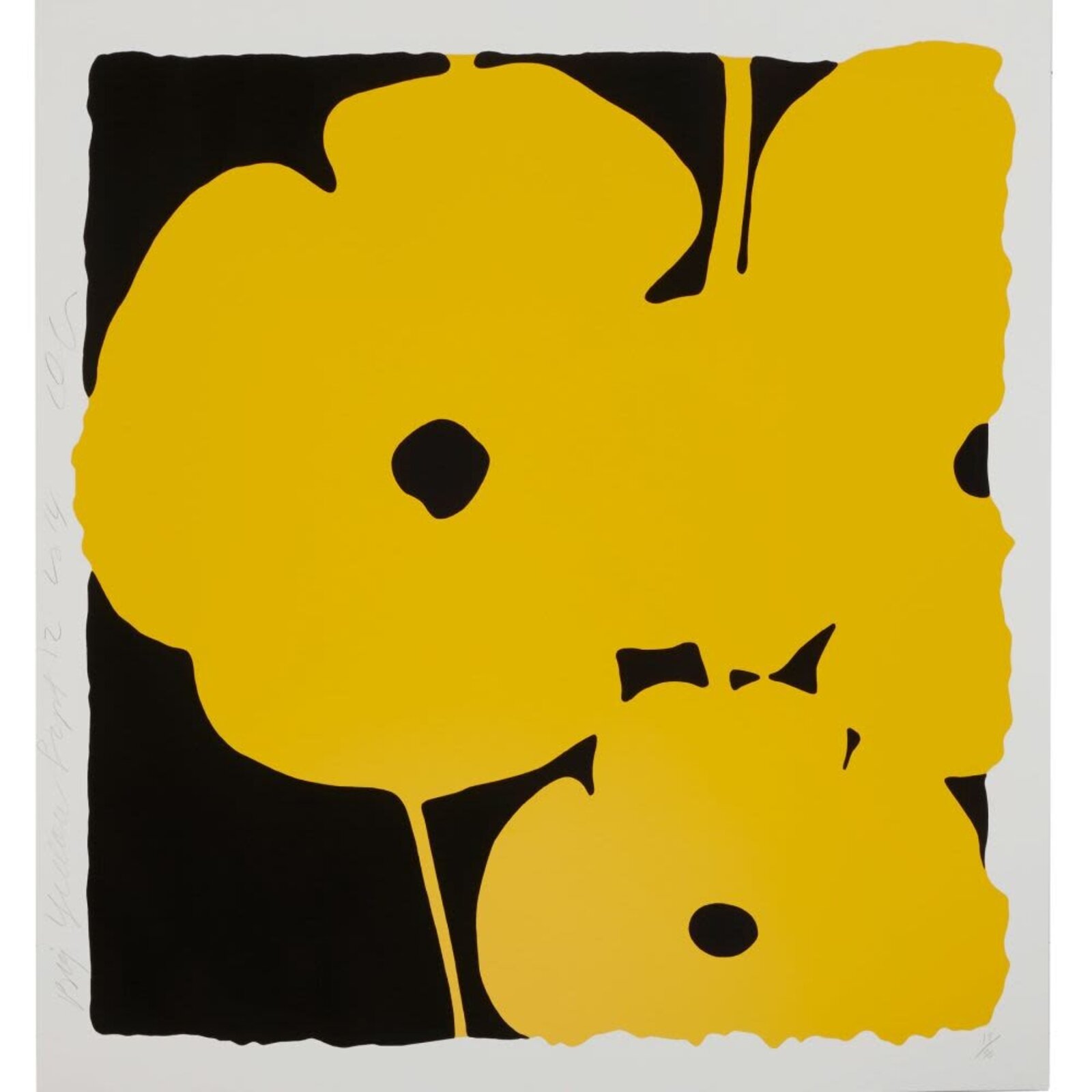 A bold graphic print featuring a large yellow flower against a black background.