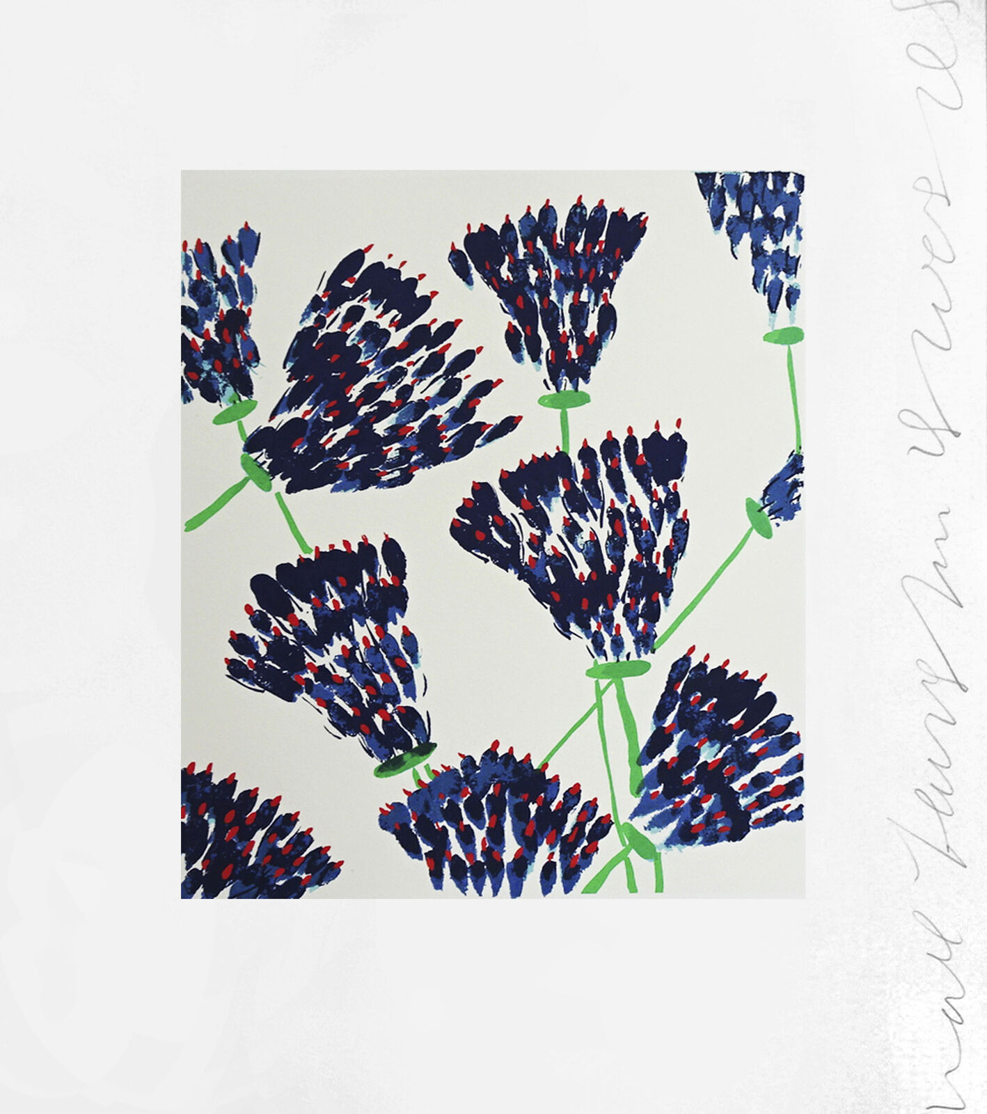A blue and red flower pattern on a white background.