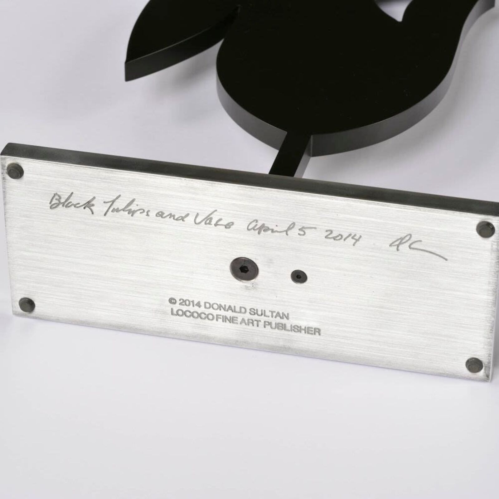 Artwork by Donald Sultan, Black Tulips and Vase, April 5, 2014, Made of Painted Aluminum on Polished Aluminum Base 