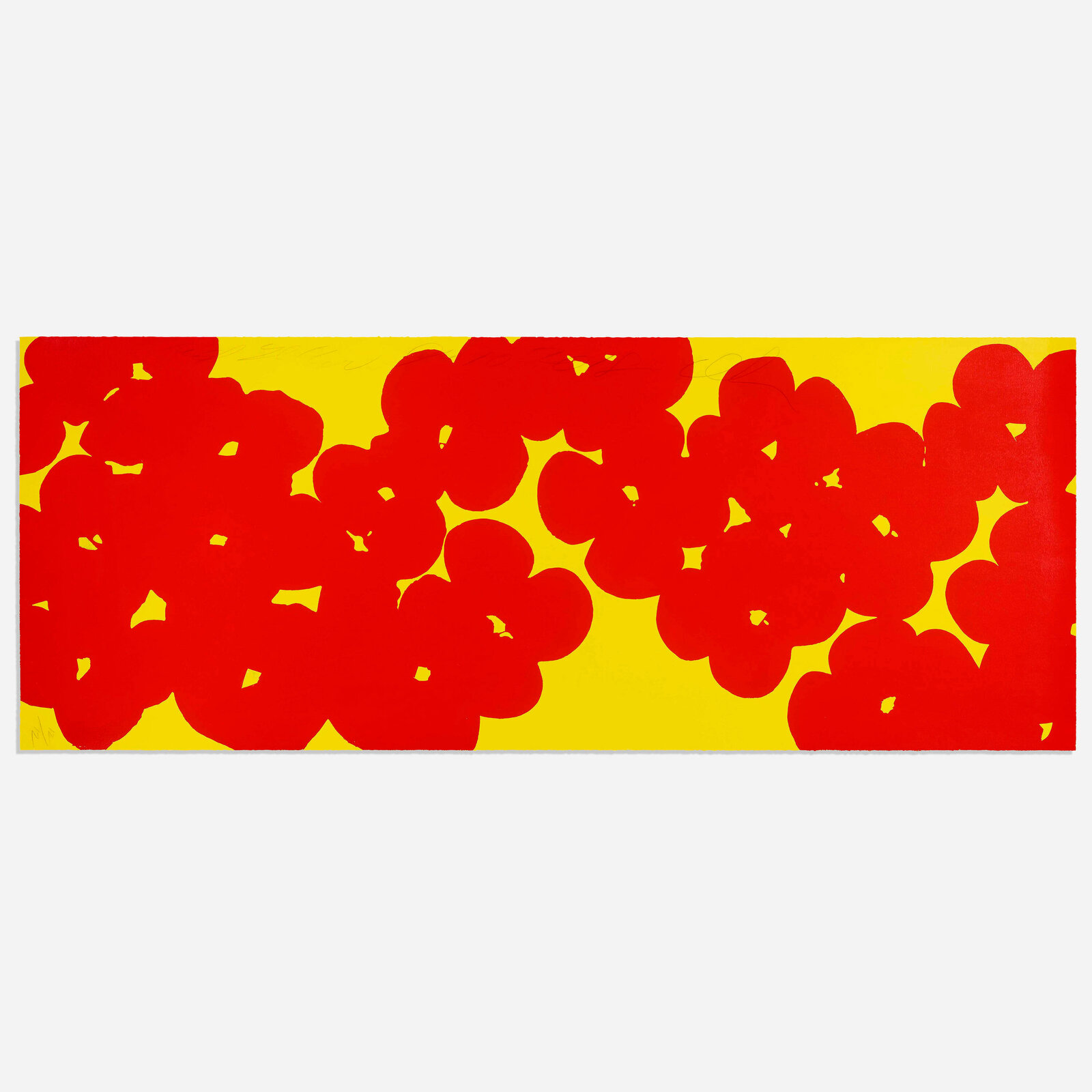 A bold graphic print featuring a horizontal band of red poppy-like shapes against a bright yellow background.