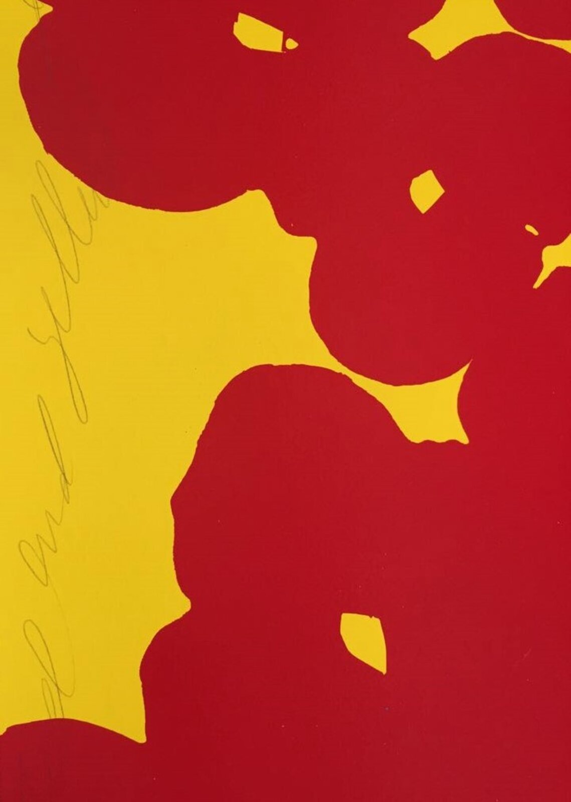 A bold graphic print featuring a horizontal band of red poppy-like shapes against a bright yellow background.