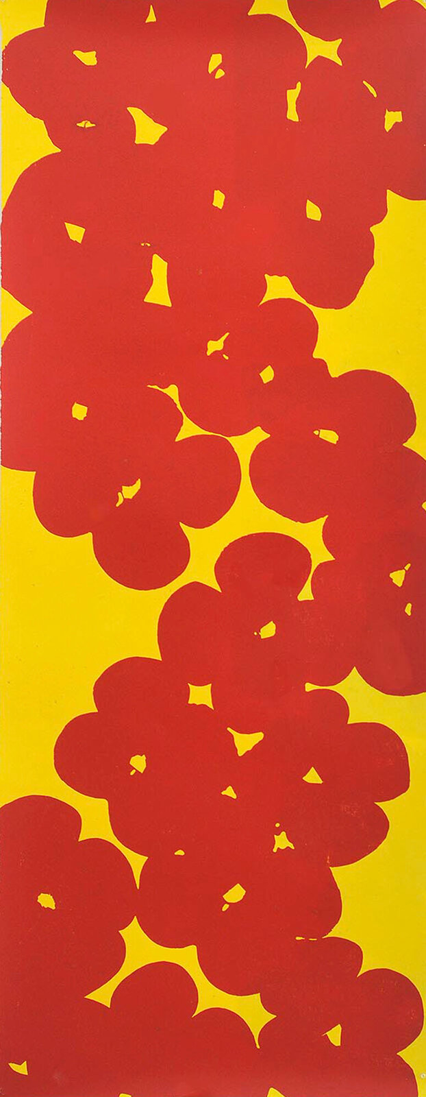 A bold graphic print featuring a horizontal band of red poppy-like shapes against a bright yellow background.