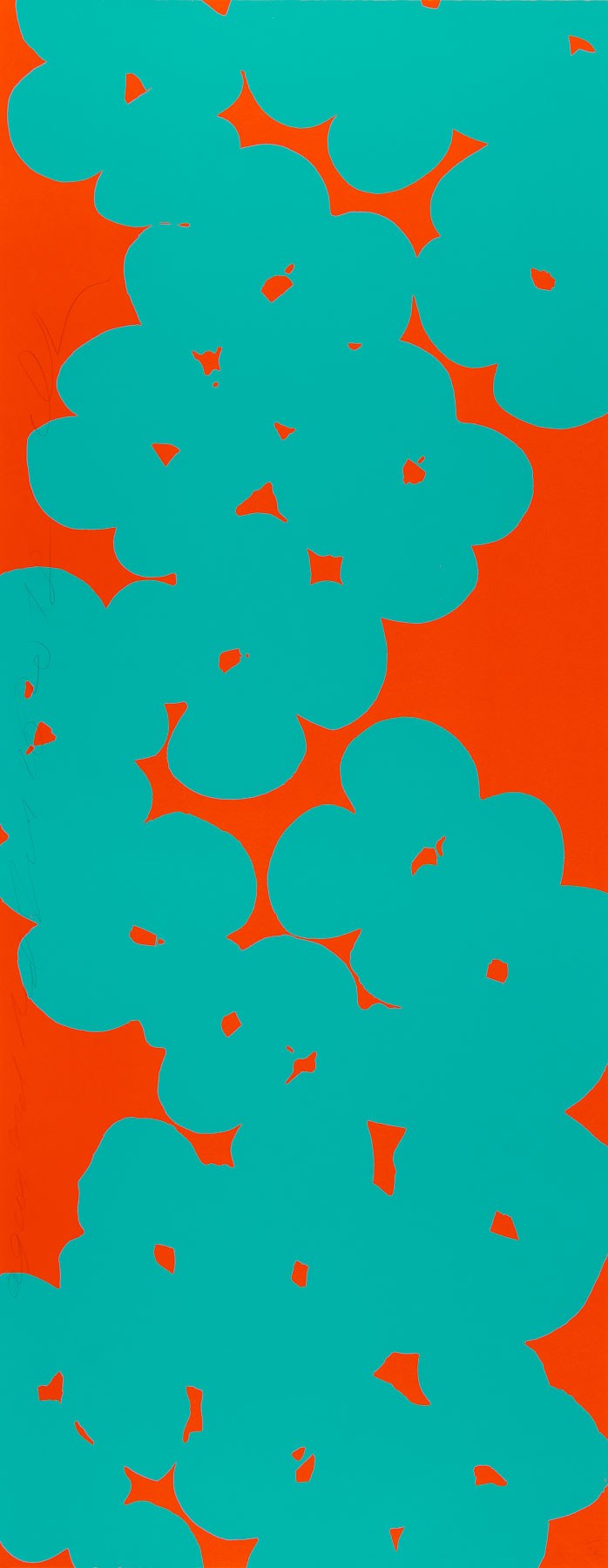 An orange and turquoise painting with blue flowers on an orange background.