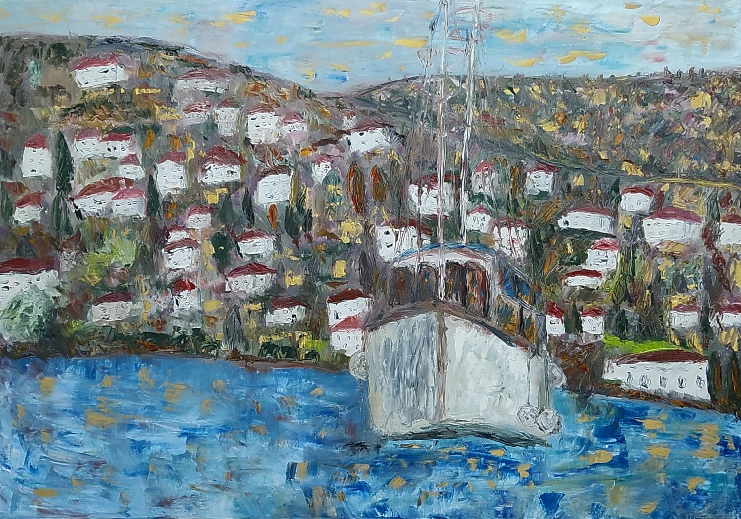A painting of a boat in the water near a city.