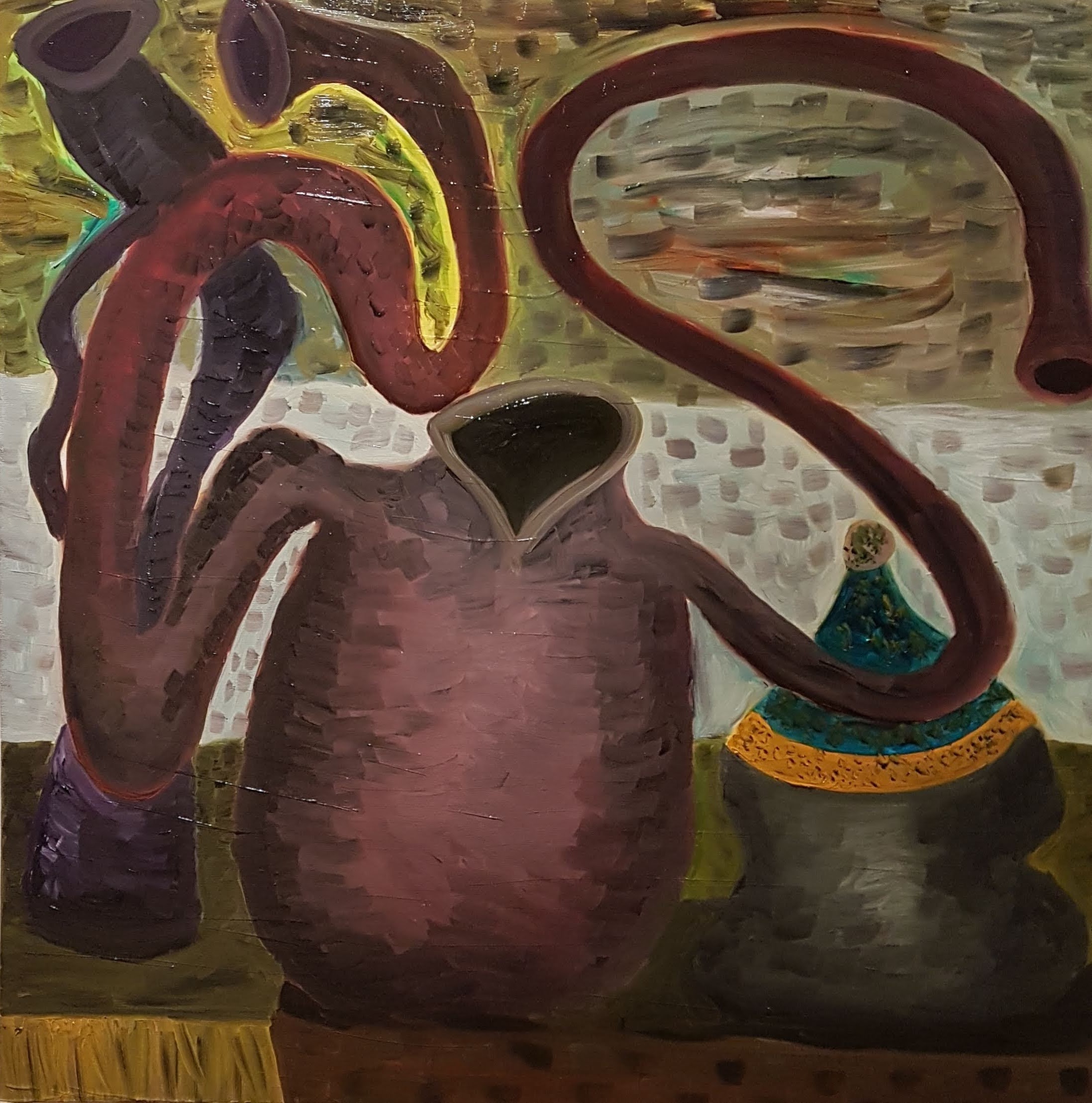 A painting of a vase and a jug on a table.