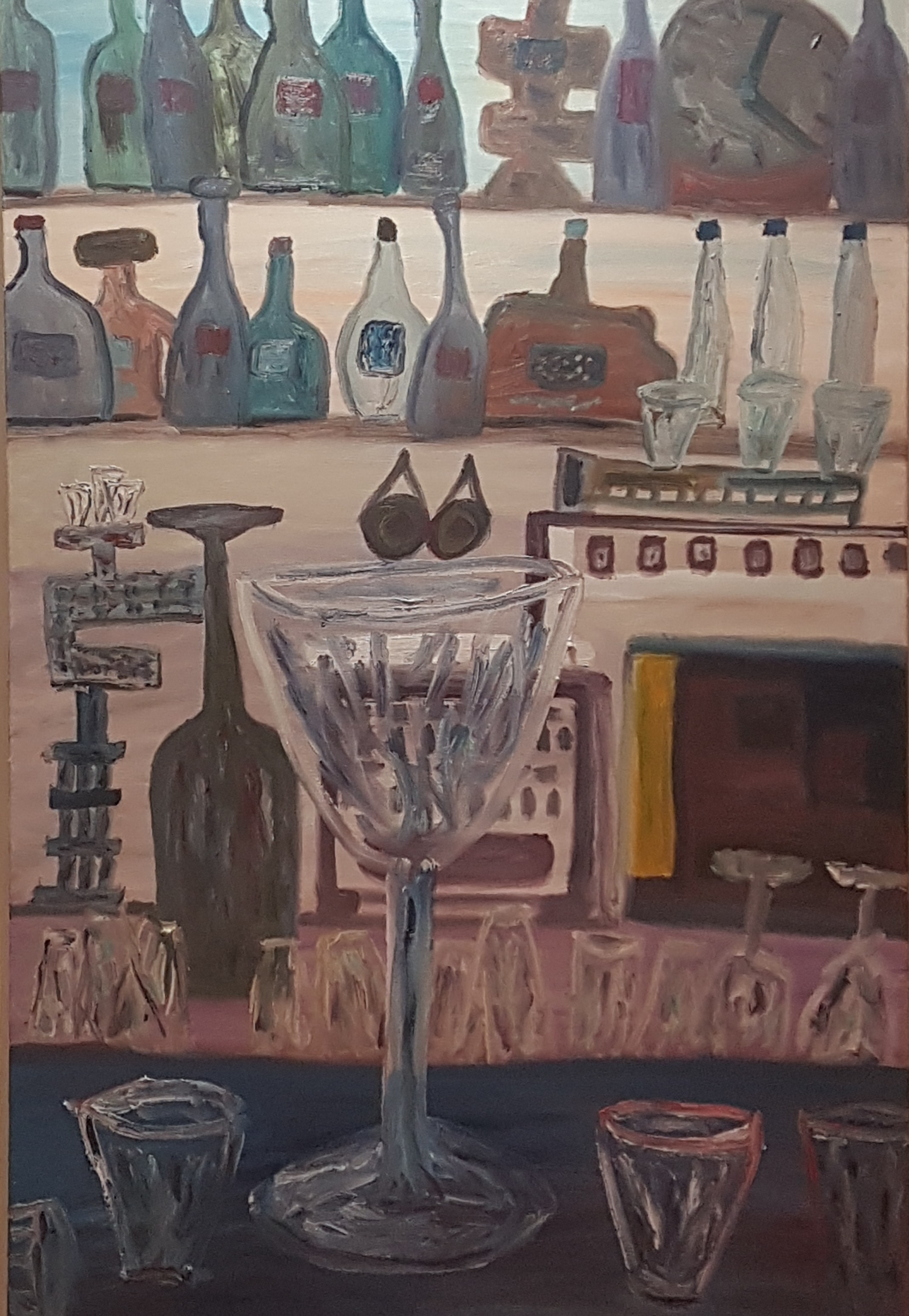 A painting of a wine glass sitting on a table.