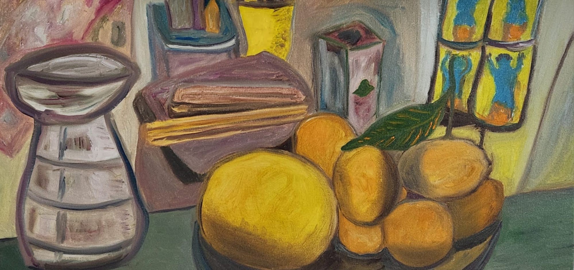 A painting of lemons and other items on a table.