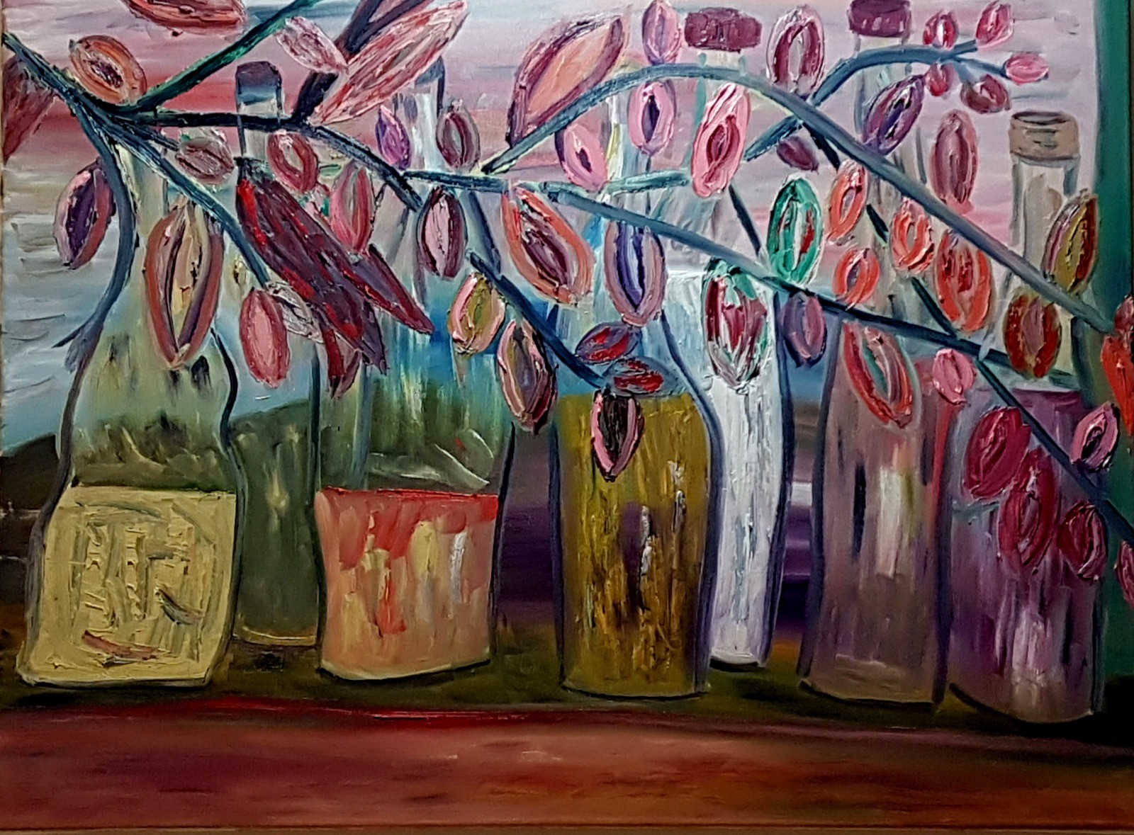 A painting of a bunch of bottles with flowers in them.