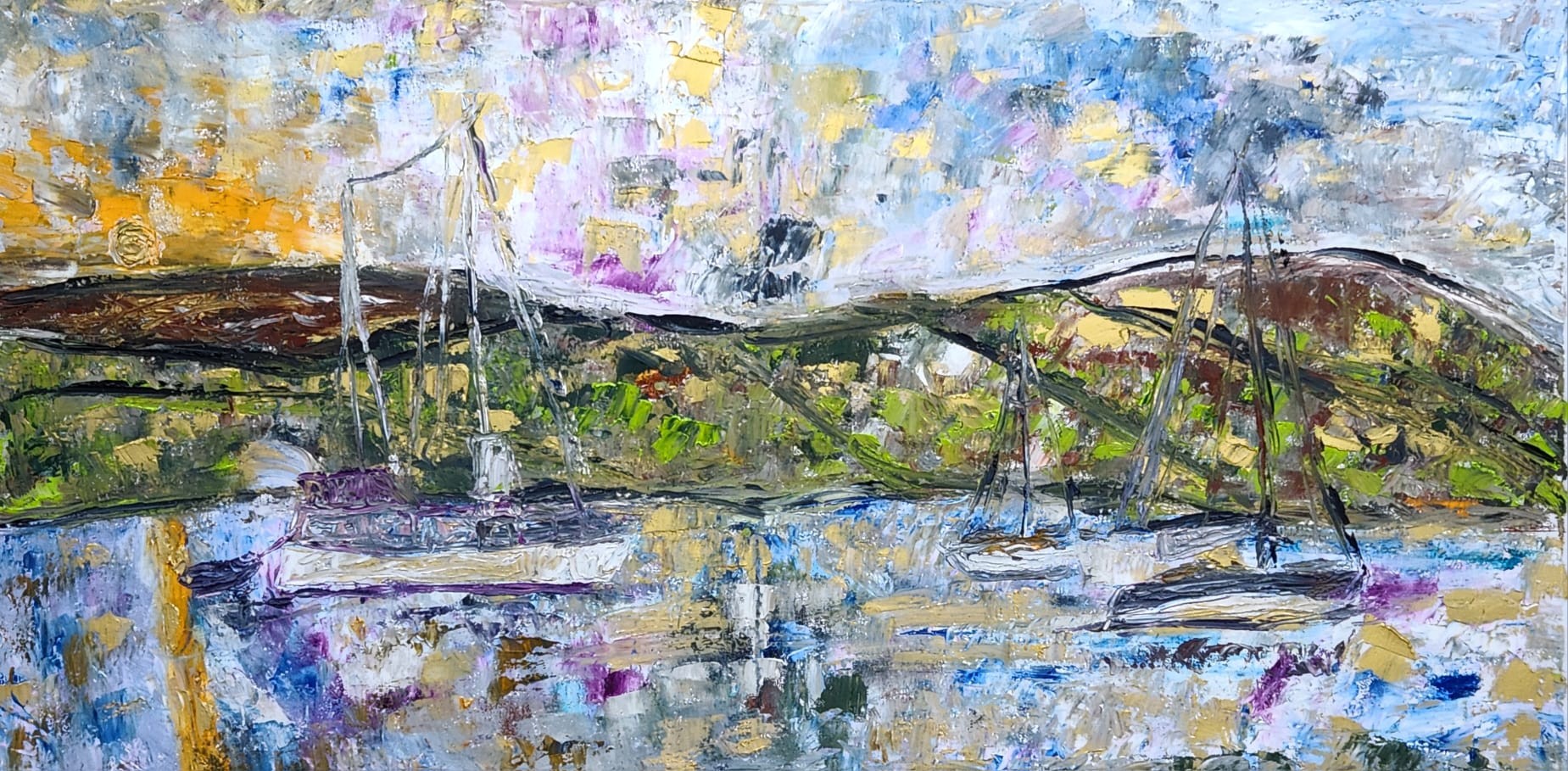 A painting of boats floating on a body of water.