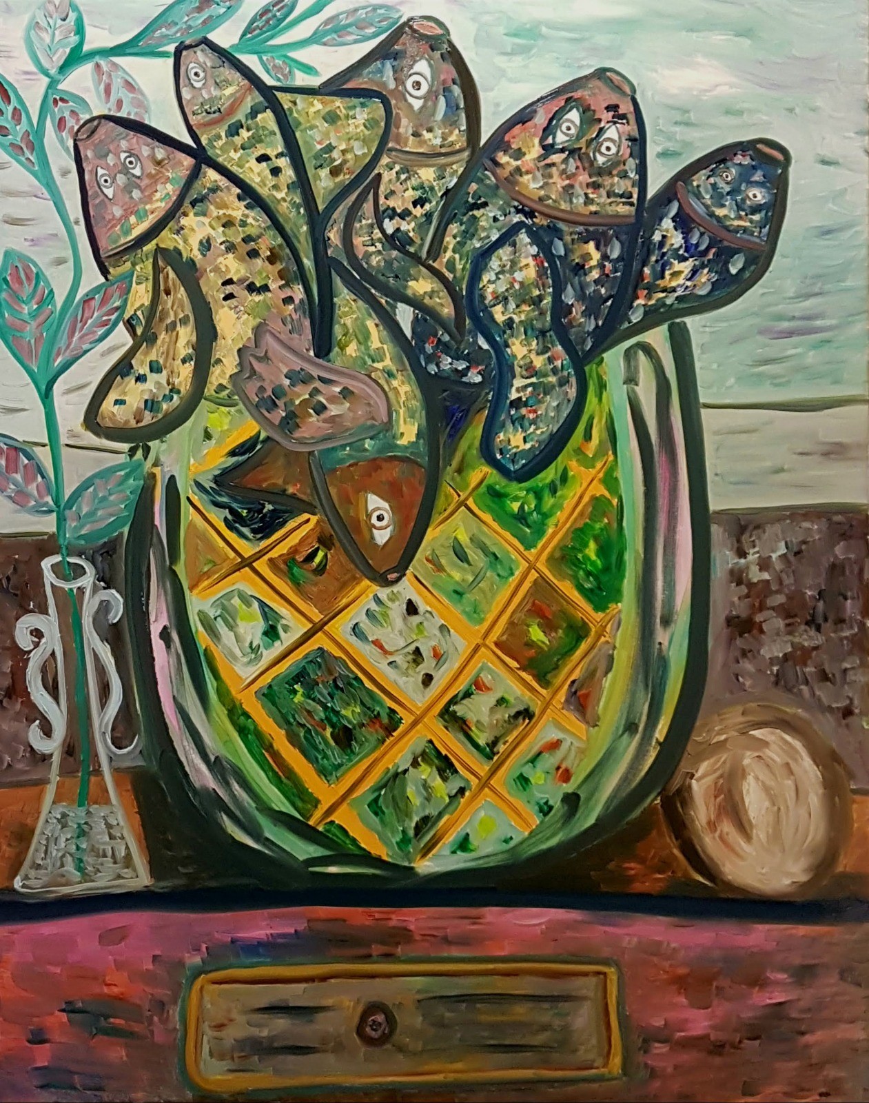 A painting of fish in a vase on a table.