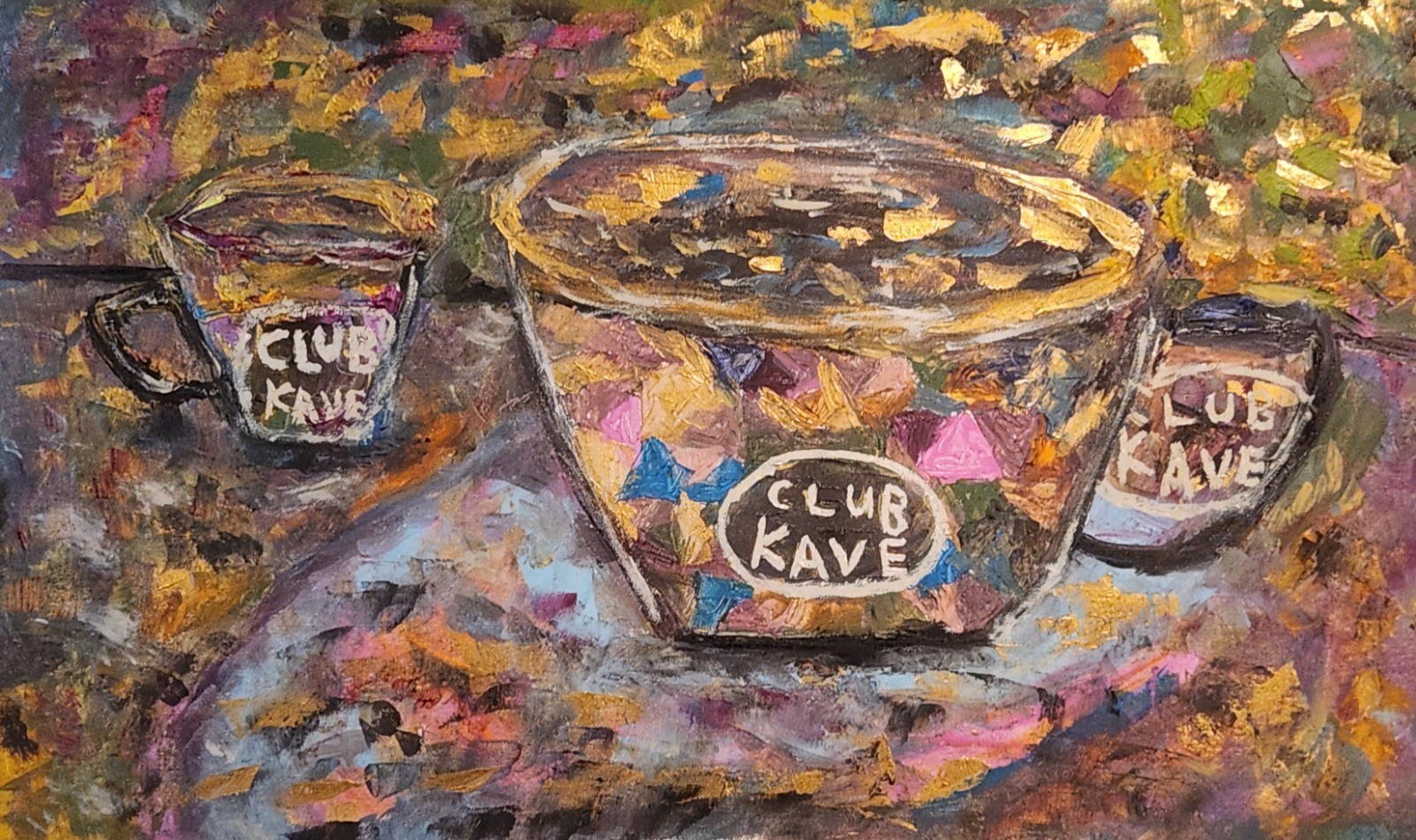 A painting of a bowl of food and two cups of coffee.