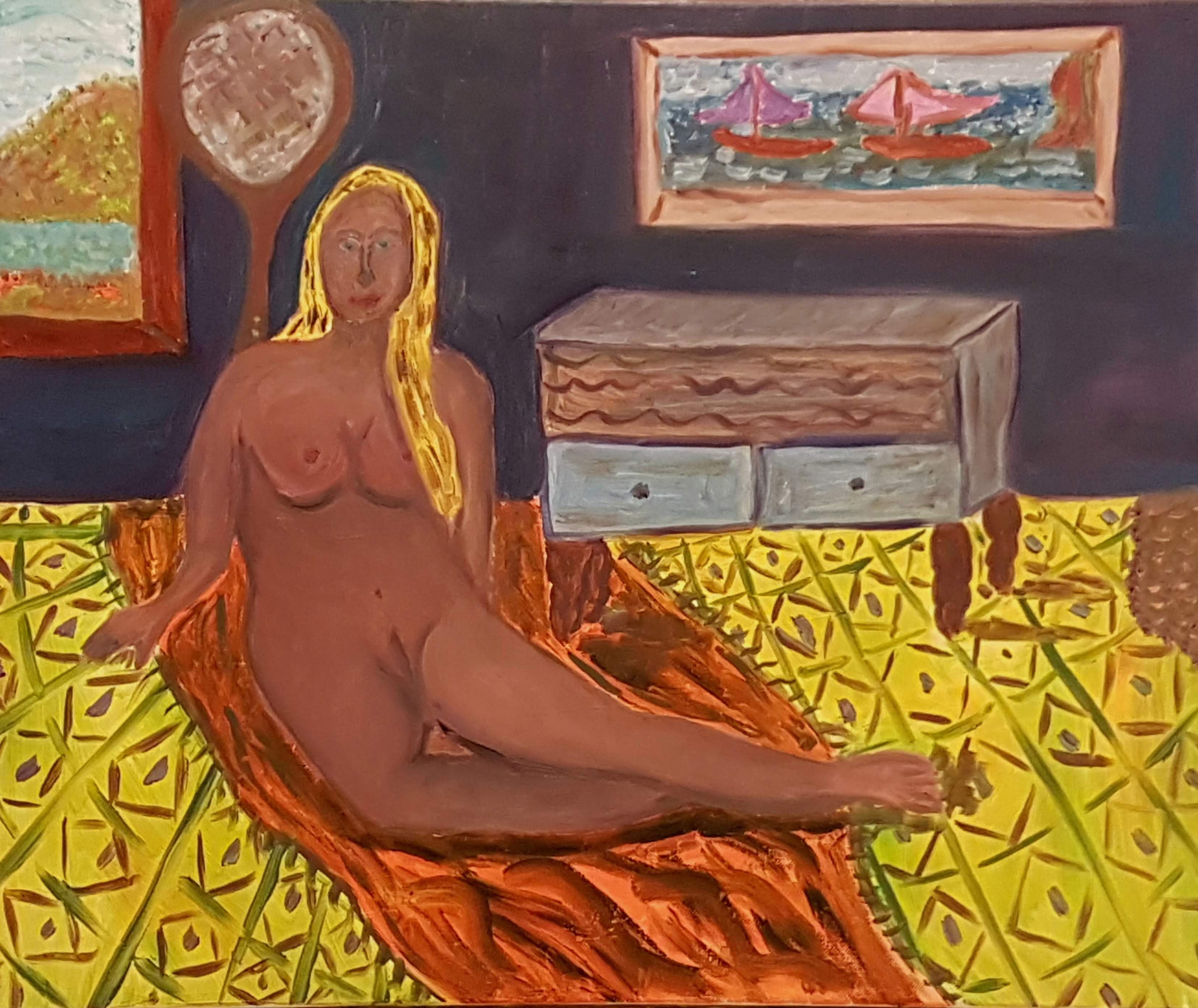 A painting of a nude woman sitting on a bed.