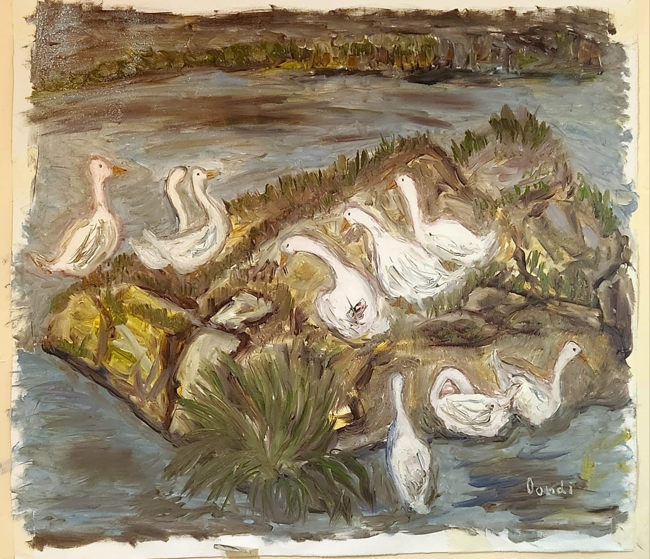 A painting of geese on a rock in the water.