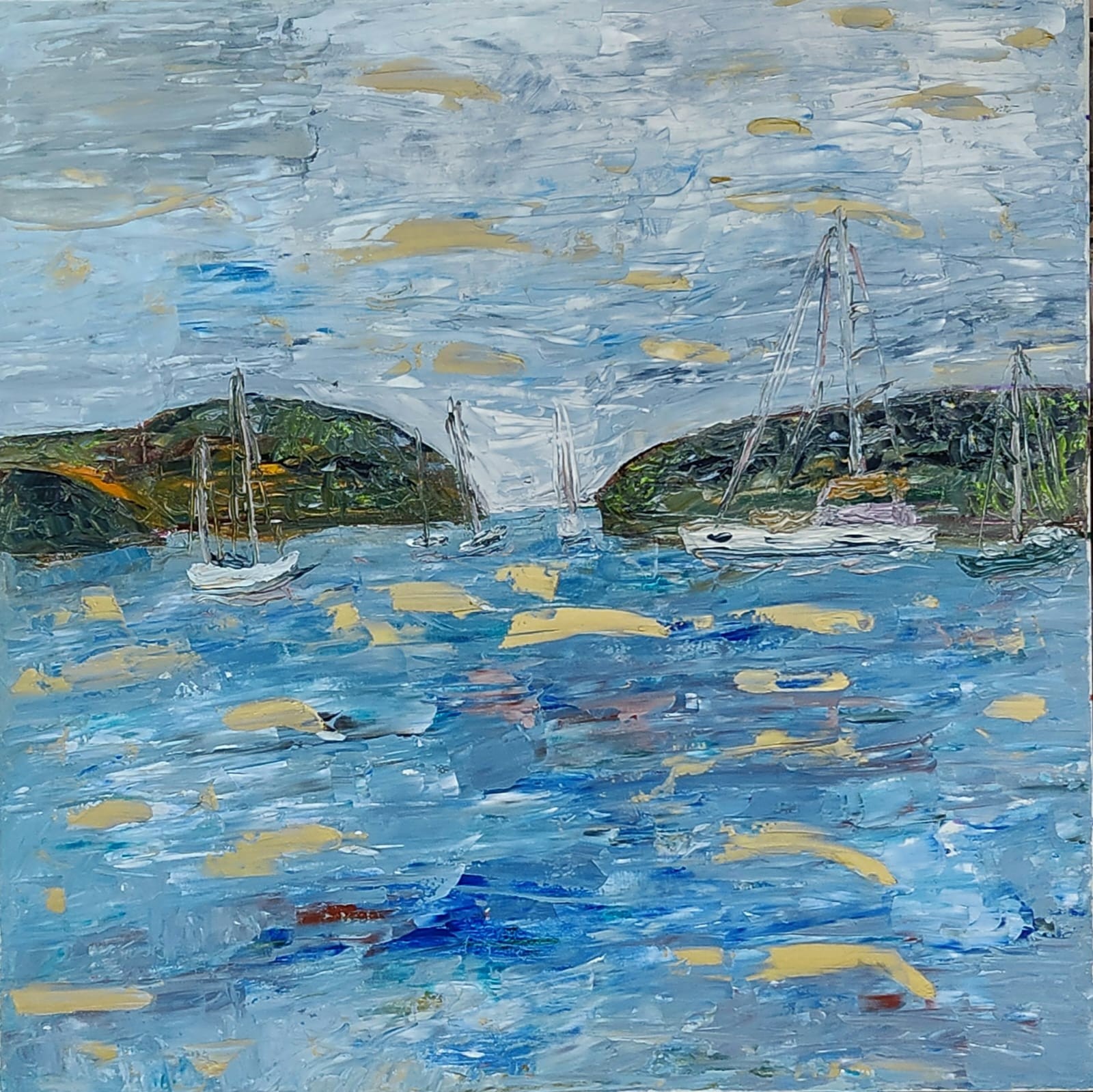 A painting of sailboats floating in a body of water.